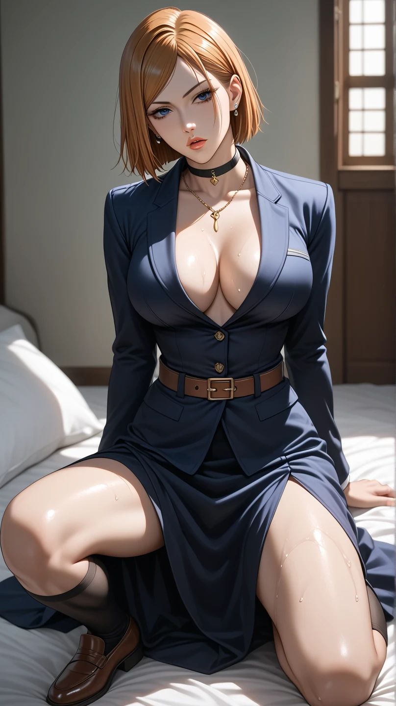 (masterpiece, best quality:1.2), 1girl, solo, sitting, office chair, desk, computer, coffee mug, short hair, large lips, bangs, blonde hair, brown eyes, ?????????????, blue shirt, labcoat, pencil skirt, earrings, mole under eye, makeup, lipstick, red lips, legs crossed, leaning over, holding cigarette , ,