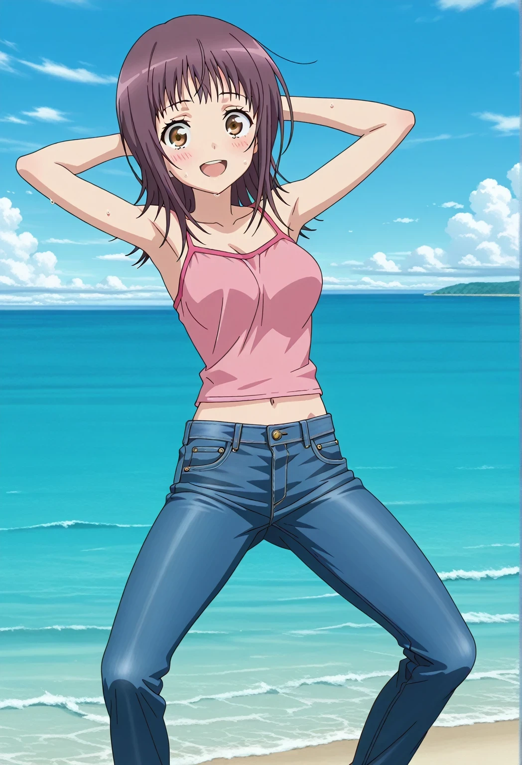 score_9, score_8_up, score_7_up, source_anime, highres, hi res, ((best quality, top quality, perfect quality, Highest Quality, amazing quality)), {{masterpiece}}, {{an extremely delicate and beautiful}}, 2d, intricate details, official style, anime, 8k, anime style, official_anime, official art, digital painting, cell shading, soft shading, high resolution, soothing tones, Subdued Color, Soft cinematic light, adobe lightroom, photolab, HDR, intricately and hyper-detailed, ((high quality animation)), 1 girl, Alone, solo, ((ocean)), tsunami, on the water, day, sunny, outdoors, sky, windy, itsuwa, short hair, brown hair, brown eyes, anime screencap, medium breasts, pink camisole top, crop top, pink crop top, best quality, hyper-detailed jeans, ((blue jeans:1.9)), (dark blue jeans:0.6), full medium body, medium shot, Open mouth, smiling, happy face, blush, sweat, standing, ((arms behind head:6.0)), bowlegged, jumping pose, action, looking at viewer, spread legs, Bend knees slightly, straight-on front view