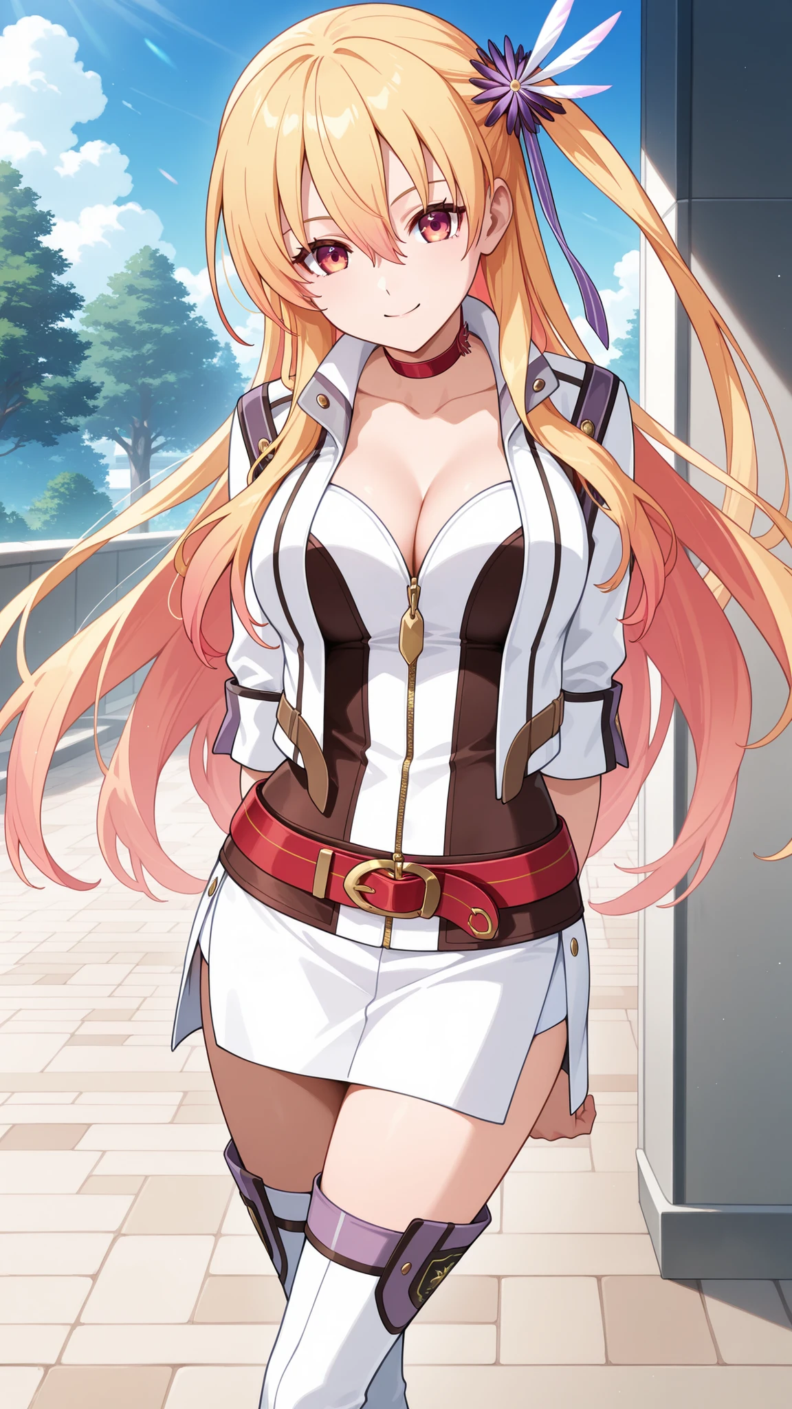 highres, absurdres,source anime,1girl,solo,alisa reinford,sen3alisa,blonde hair,side ponytail,red choker,collarbone,cleavage,white short jacket,open jacket,gold zipper,white sleeves,sleeves rolled up,white and dark brown tubetop,white pencil skirt,red belt,white longboots,zettai ryouiki,standing, crossed legs, tiptoes,arms behind back,smile,cowboy shot,