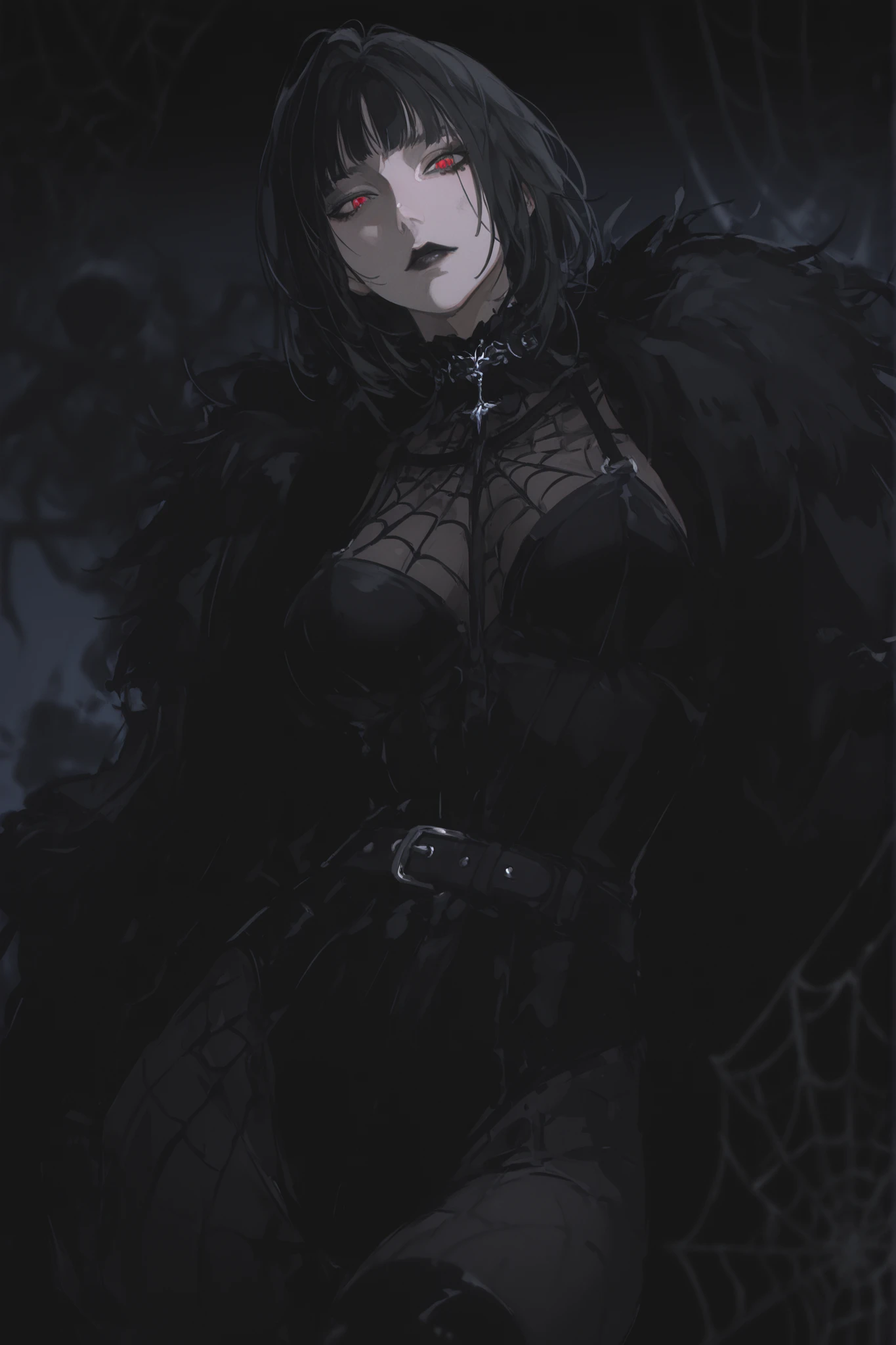 best quality, masterpiece, 1girl, black_hair, dynamic angle, short_hair, cut_bangs, straight_hair, neutral expression, evil, mature face, dark fantasy, {black, evil, tall lady, splash art},black roses, high_collar, spiderweb pattern undershirt, black one-piece bodysuit, round eyes, mature face, lingerie pattern), 1girl, cowboy_shot, blurry, shadow monster, eyeliner, path_to_nowhere, anime_style, gothic, goth, victorian, carmilla, dark background, black_makeup, black lipstick, belts, tigh belt, black hands, black gloves, high_boots, fur_cloak, black fur cloak, black liquid, black spiderweb, black spiderweb pattern, black ooze, dark expression, spiderweb pattern leggings, blurry_background, 1girl, yoneyama mai, pale, red eyes, edgy fashion, victorian style, bold look, fashionable, solo, looking at viewer, blurry, chromatic aberration, portrait, beautiful light, perfect contrast, realistic facial features, detailed features, defined features, detailed hair, semi-realistic style, attractive features, dark colors, dark lighting, painted style, detailed style, black outline, perfect detail, pale skin, eyebags, dull colors, anime style, semi-realistic, boy, clear background, lifeless colors, dirty filter, dark, rough sketch lineart, loose lineart, watercolor coloring, masterpiece, ultra detailed, 4k, 8k, ultra hd, best