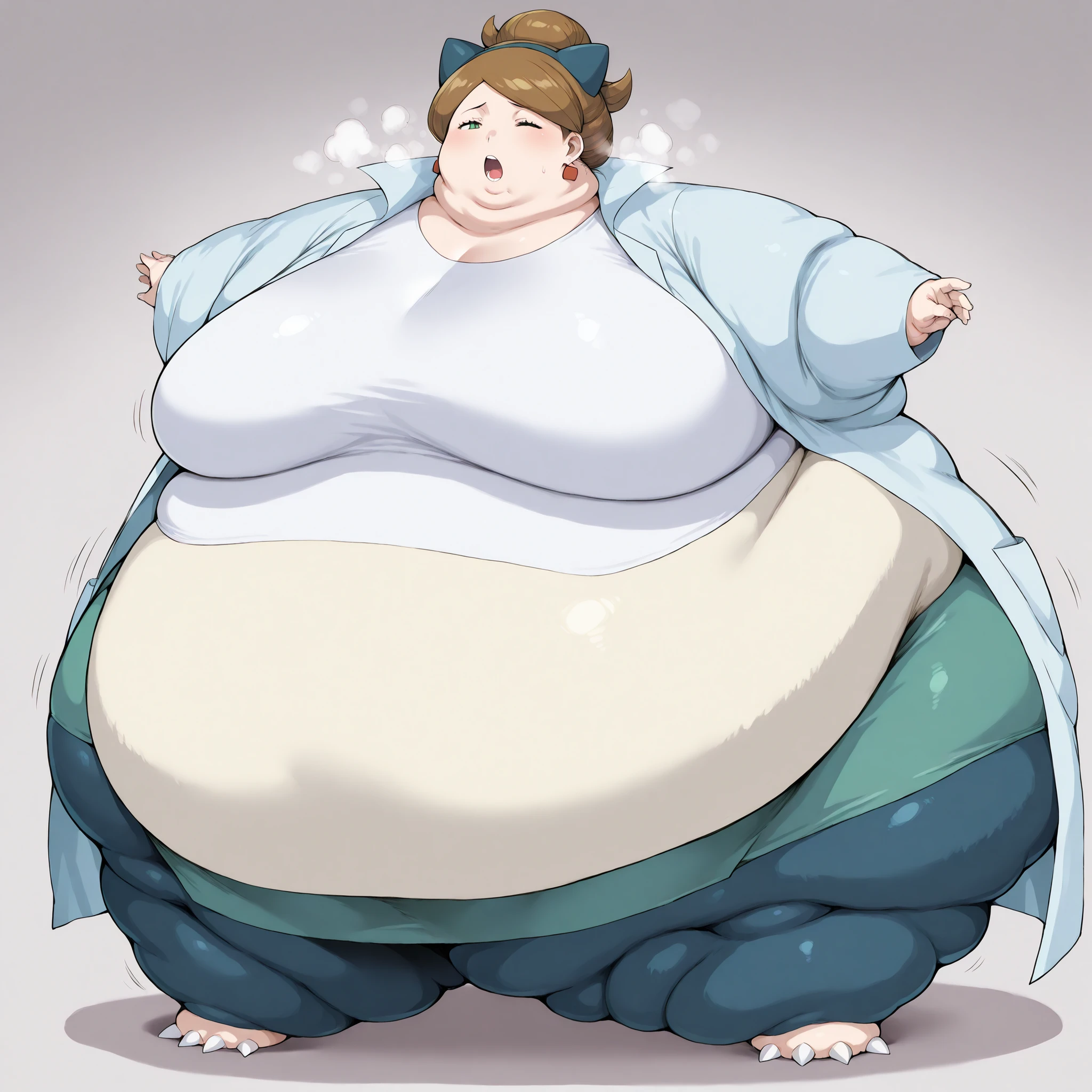 Snorlax cosplay, snorlax, pokémon (creature), blue body, eyes closed, teeth, claws, 1girl, solo, c-juniper, mature female, green eyes, hair bun, brown hair, lab coat, green skirt, earings, white shirt, long sleeves, fat, chubby, obese,, big breasts open mouth, out of breath, Larger female, full body shot, 
