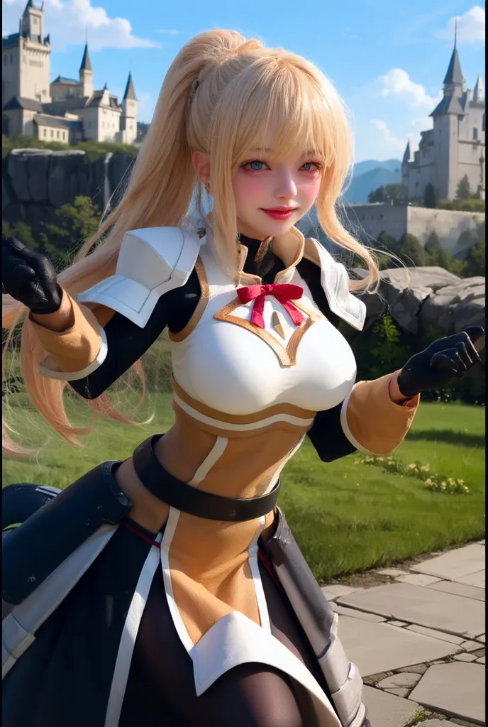 best quality, Altas, 1girl, cabelos longos, blonde hair, x ornamento de cabelo, armadura, olhos azuis, rabo-de-cavalo, ornamento de cabelo, Luvas, armadura de ombro, pigtail, luvas pretas, pauldrons, Botas Brancas, darkeness \(Konosuba\), ((????? grandes)), ((????? enormes)), cowboy shot, Dark and lonely alley of the city , sorrir,