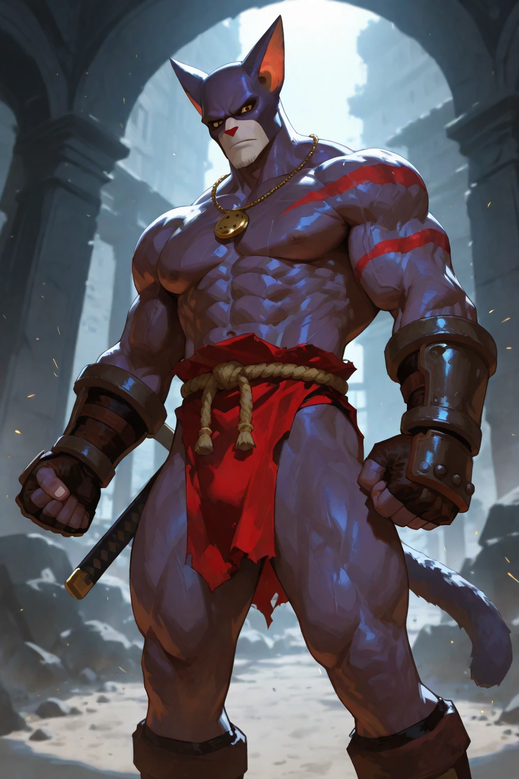 (by taran fiddler), (by darkgem:0.8), (by chunie:1), masterpiece, grey fur,, navel, portrait, , looking at viewer, smile, grin, teeth, (tailung:1.2), snow leopard, (gold eyes), detailed eyes, male, solo, anthro, standing, (detailed temple background), Chinese temple, afternoon, Purple pants, brown sash,, full body, feet