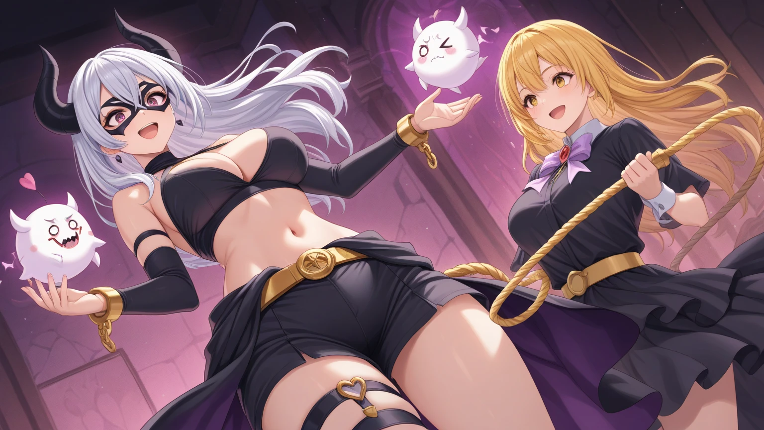 Golden braids。mini-skirts。耳?????? Ring。Devil's wings。the fallen angel。A MILF。Evil gas，devils。kosmos。themoon。Heart-shaped vacant ?????。Heart logo。blindfolds。with her mouth open。Stick out her tongue。perspiring。mouth drool。Lick your fingers。Put your finger in your mouth。Knelt。Cover your eyes with a cloth。Hide your eyes。Full body photo。cleavage。?????????????。8K。