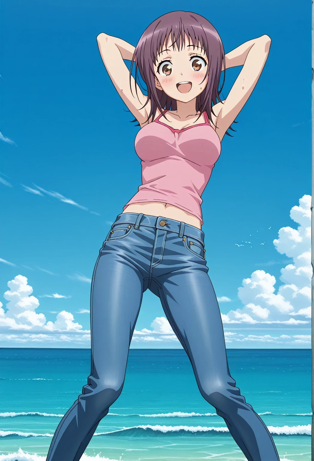 score_9, score_8_up, score_7_up, source_anime, highres, hi res, ((best quality, top quality, perfect quality, Highest Quality, amazing quality)), {{masterpiece}}, {{an extremely delicate and beautiful}}, 2d, intricate details, official style, anime, 8k, anime style, official_anime, official art, digital painting, cell shading, soft shading, high resolution, soothing tones, Subdued Color, Soft cinematic light, adobe lightroom, photolab, HDR, intricately and hyper-detailed, ((high quality animation)), 1 girl, Alone, solo, ((ocean)), tsunami, on the water, day, sunny, outdoors, sky, windy, itsuwa, short hair, brown hair, brown eyes, anime screencap, medium breasts, pink camisole top, crop top, pink crop top, best quality, hyper-detailed jeans, ((blue jeans:1.9)), (dark blue jeans:0.6), full medium body, medium shot, Open mouth, smiling, happy face, blush, sweat, standing, ((arms behind head:6.0)), bowlegged, jumping pose, action, looking at viewer, spread legs, Bend knees slightly, straight-on front view