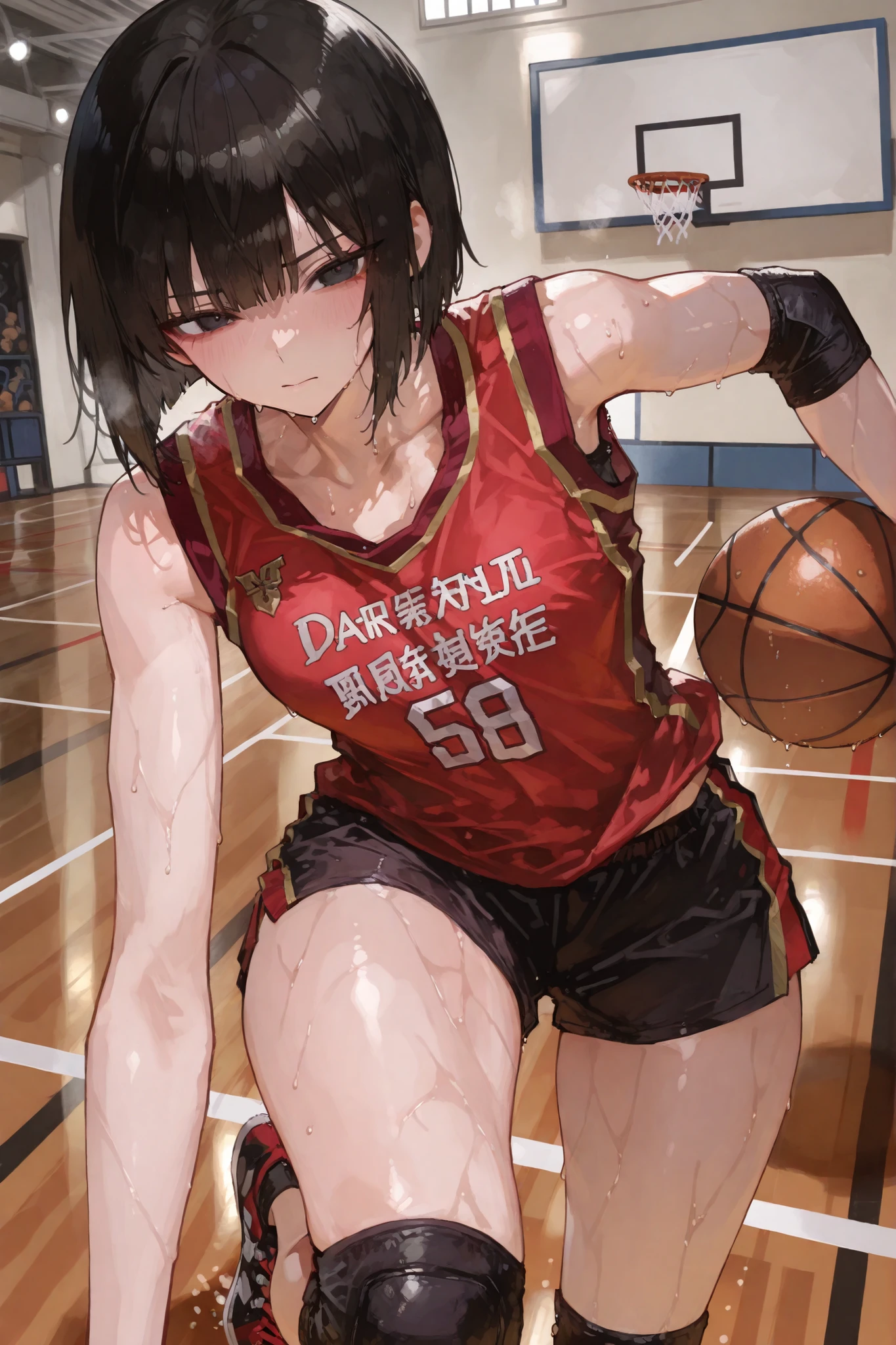 <lora:basketball-dribbling-ponyxl-lora-nochekaiser:1> basketball dribbling, dribbling (basketball), basketball, basketball (object), basketball court, playing sports, ball, sweat, steam, running,,
1girl, beatiful, black short hair, red and black basketball shirt, side bob cut shirt, black basketball short, black knee pads, fit body, curvy body, medium chest, dribbling, black eyes, wet, basketball sneakers, dribbling pose, in a basketball court, thick legs, tall, sportive body, standing, wide hips, wide shoulders, slightly muscled body