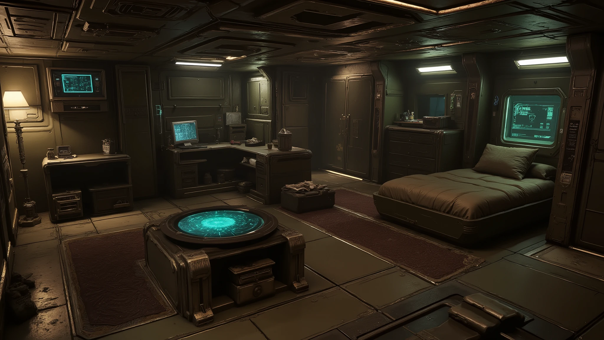 Create battle barge quarter from Space Marines 2, it's a quarter with plain style, have a one bed room and desk, holographic table in the middle of the room, Military style wardrobe built into the corner wall of the room