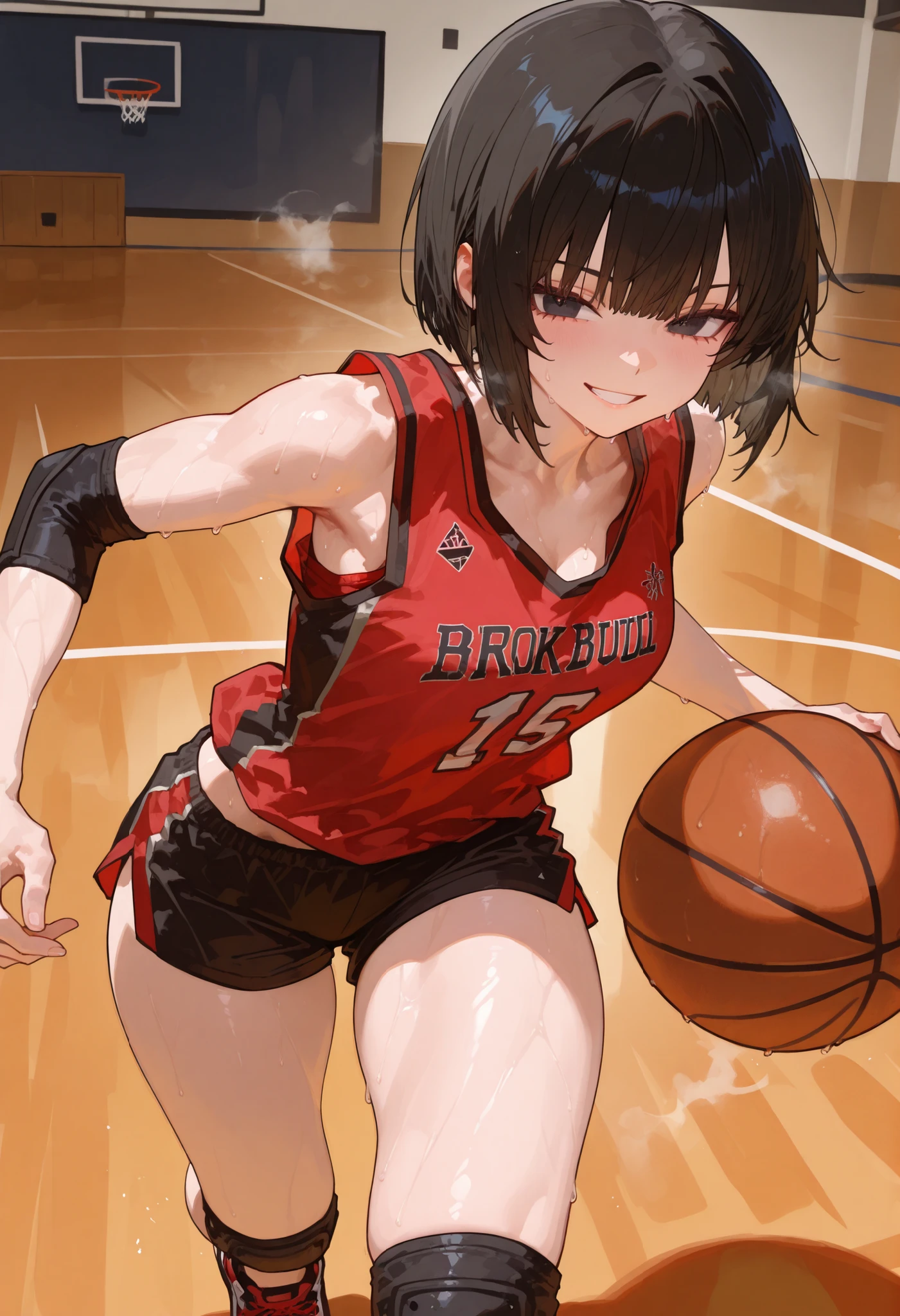 1girl, beatiful, black short hair, red and black basketball shirt, side bob cut shirt, black basketball short, black knee pads, fit body, curvy body, medium chest, dribbling, black eyes, basketball sneakers, dribbling pose, in a basketball court, thick legs, tall, sportive body, standing, wide hips, wide shoulders, slightly muscled body, basketball dribbling, dribbling (basketball), basketball, basketball (object), basketball court, playing sports, ball, sweat, steam, running, grin