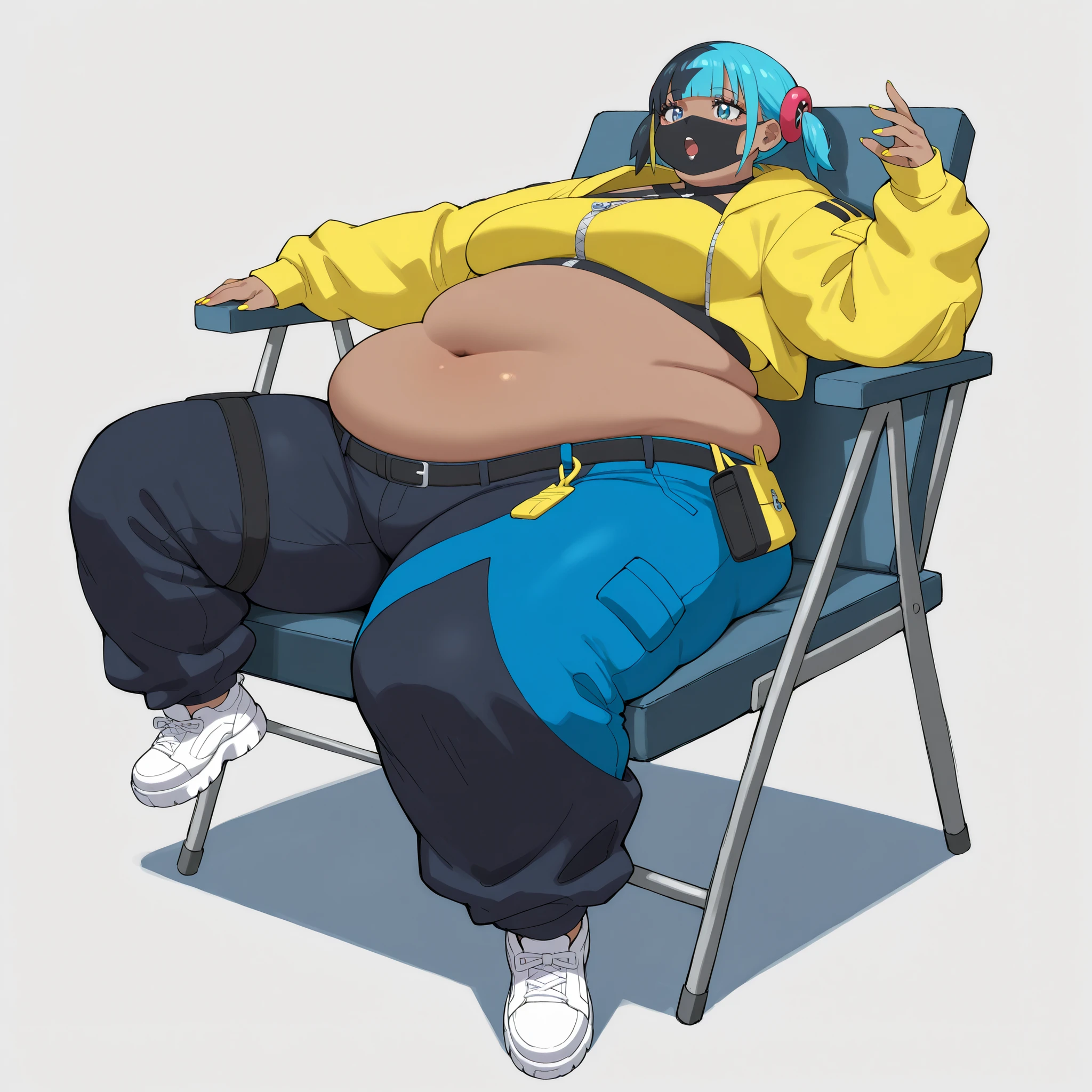 <lora:CanariZAILXLV1.0v01:1>, CanariZAILXLV1.0v01,
short hair, twintails, short twintails, blunt bangs, blue hair, blonde hair, black hair, multicolored hair, two-tone hair, eyelashes, blue eyes, nail polish, yellow nails, blue nails, fingernails, medium breasts, navel, dark skin,　dark-skinned female,
jacket, cropped jacket, yellow jacket, hood, hoodie, cropped hoodie, yellow hoodie, hooded jacket, long sleeves, crop top, zipper pull tab, zipper, belt, black belt, buckle, pants, black pants, blue pants, shoes, sneakers, white footwear, covered mouth, open clothes, open jacket, hood down, midriff, hair ornament, mask, mouth mask, black mask, pouch,, fat, chubby, obese,, big breasts, Larger female, full body shot, sitting on chair, reclining back on chair