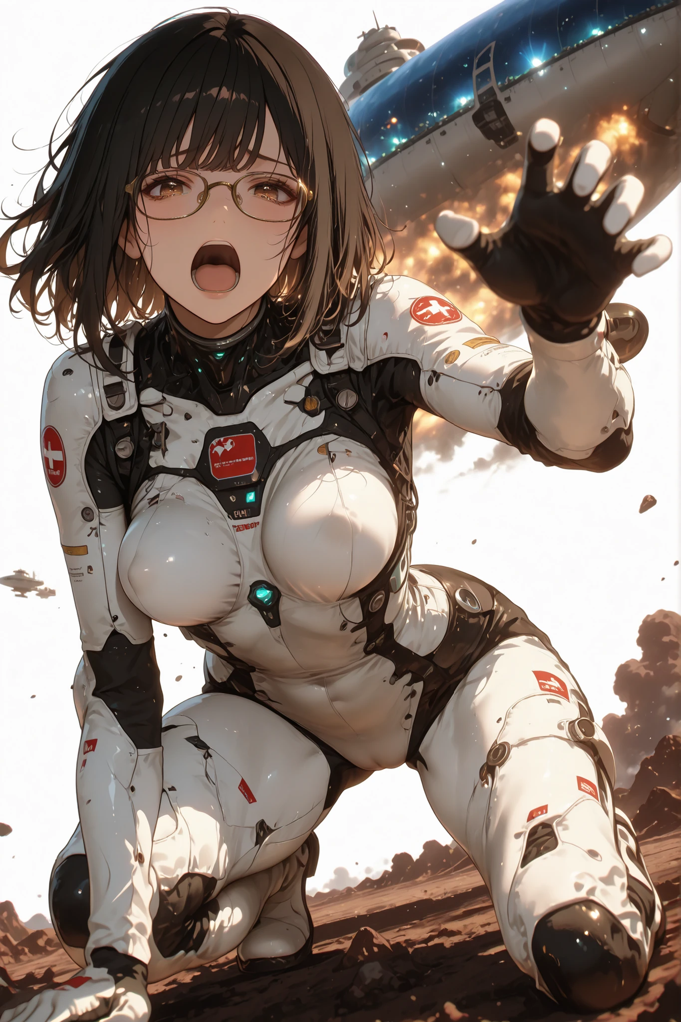 masterpiece, 8k, bob hair, black hair, glasses, in a white protective suit, leaning forward, on one knee, legs apart, reaching, pigeon toed, 1girl, thin chests, medium breasts, perky breasts, bouncing breasts, cameltoe, dynamic angle, unrealistic beauty, enchanting eyes, perfect face, clear brown eyes, looking at viewer, sad, screaming, fluttering wind, (white background:1.3), (in space ship),
