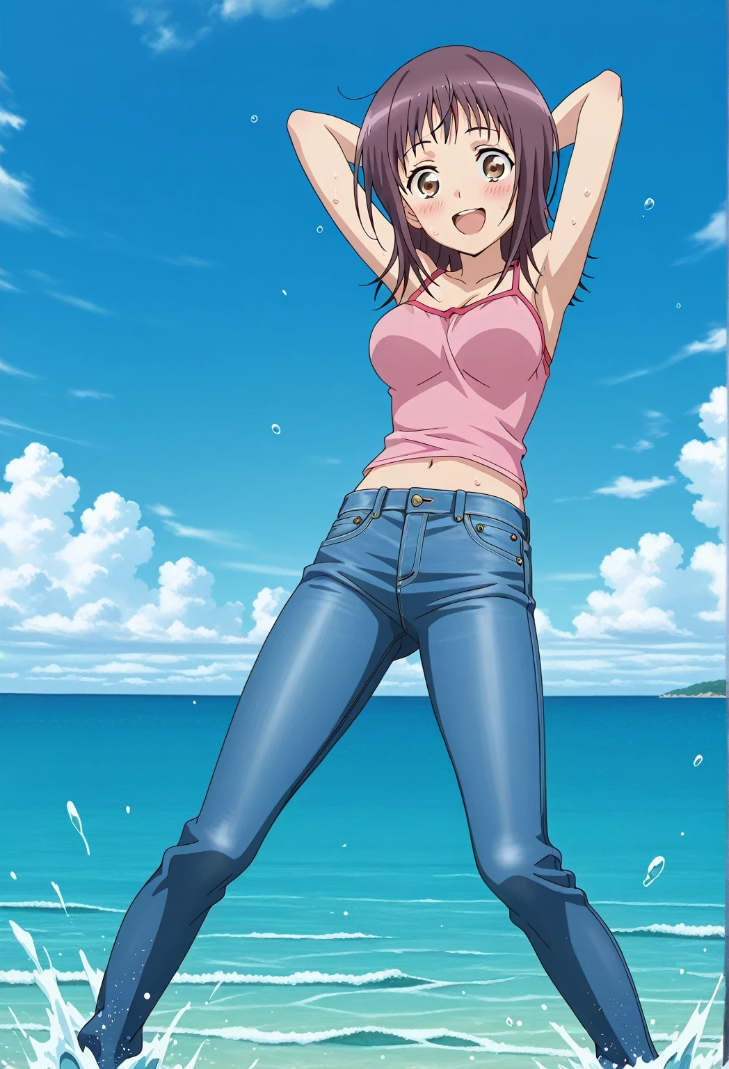 score_9, score_8_up, score_7_up, source_anime, highres, hi res, ((best quality, top quality, perfect quality, Highest Quality, amazing quality)), {{masterpiece}}, {{an extremely delicate and beautiful}}, 2d, intricate details, official style, anime, 8k, anime style, official_anime, official art, digital painting, cell shading, soft shading, high resolution, soothing tones, Subdued Color, Soft cinematic light, adobe lightroom, photolab, HDR, intricately and hyper-detailed, ((high quality animation)), 1 girl, Alone, solo, ((ocean)), tsunami, on the water, day, sunny, outdoors, sky, windy, itsuwa, short hair, brown hair, brown eyes, anime screencap, medium breasts, pink camisole top, crop top, pink crop top, best quality, hyper-detailed jeans, ((blue jeans:1.9)), (dark blue jeans:0.6), full medium body, medium shot, Open mouth, smiling, happy face, blush, sweat, standing, ((arms behind head:6.0)), bowlegged, jumping pose, action, looking at viewer, spread legs, Bend knees slightly, straight-on front view