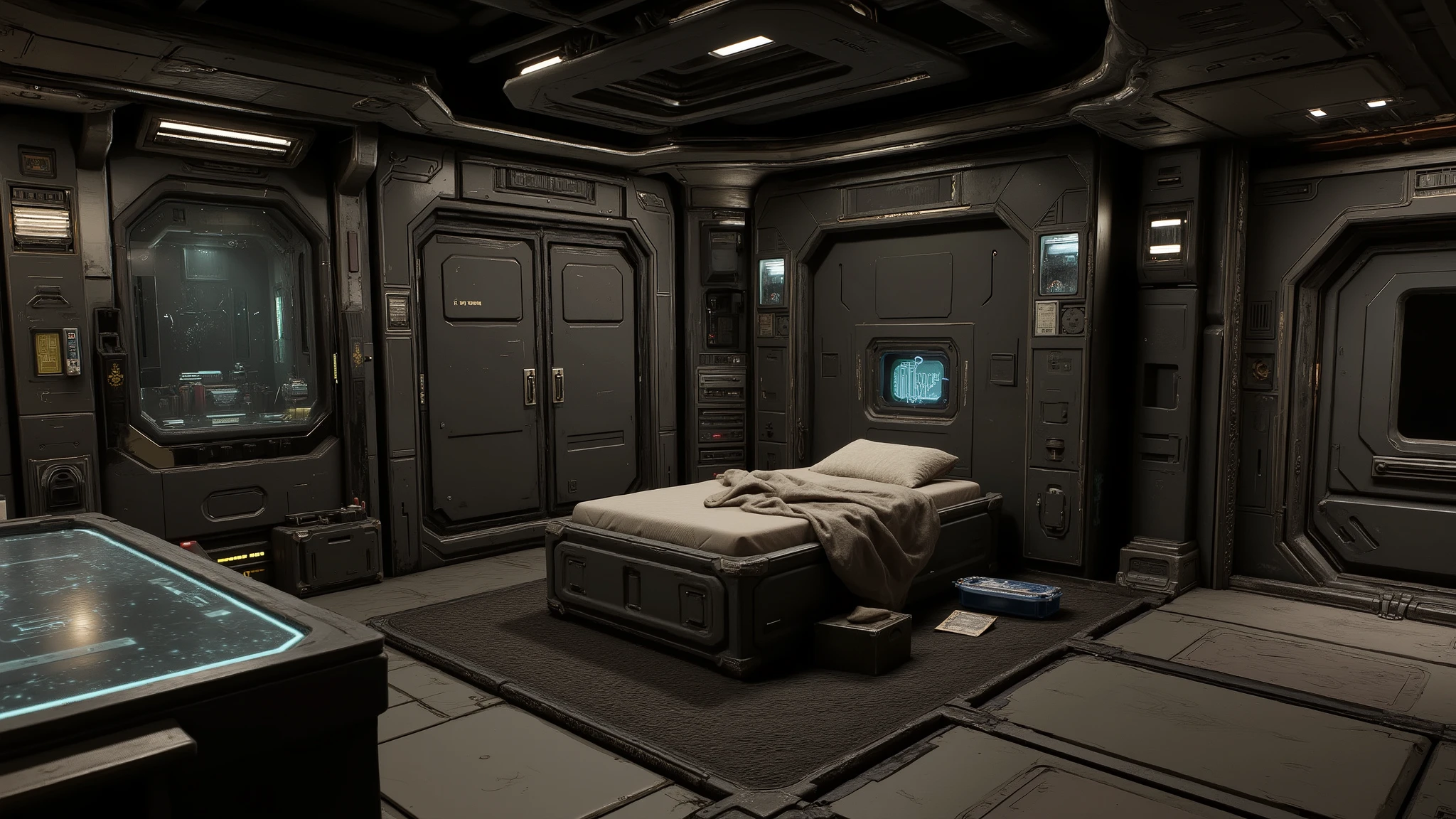 Create battle barge quarter from Space Marines 2, it's a quarter with plain style, have a one bed room and desk, holographic table in the middle of the room, Military style wardrobe built into the corner wall of the room