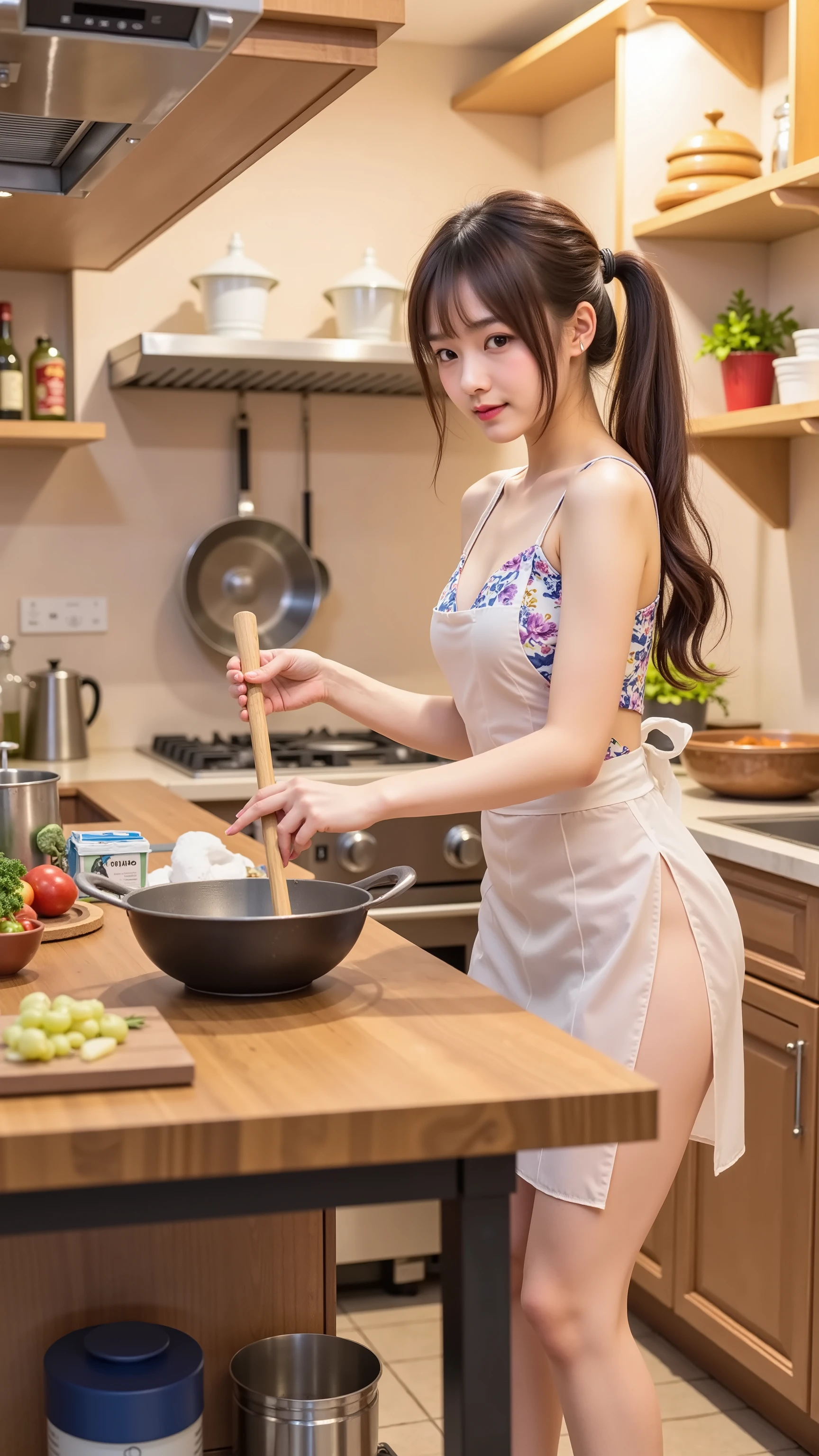 sexy girl in kitchen, cooking, Seductive Girl, in the kitchen, moe art style, in the kitchen, clean detailed, smooth white skin, beautiful attractive woman with no clothes or underwear, On pixiv, slender style 8K, attractive girl, sexy sheer apron, big breasts, Highest Quality, Highest Image Quality, greatest masterpiece, super real:1.3, Ultra High Definition, charming ponytail, beautiful small face, young model face, High nose, Seductive Lips
