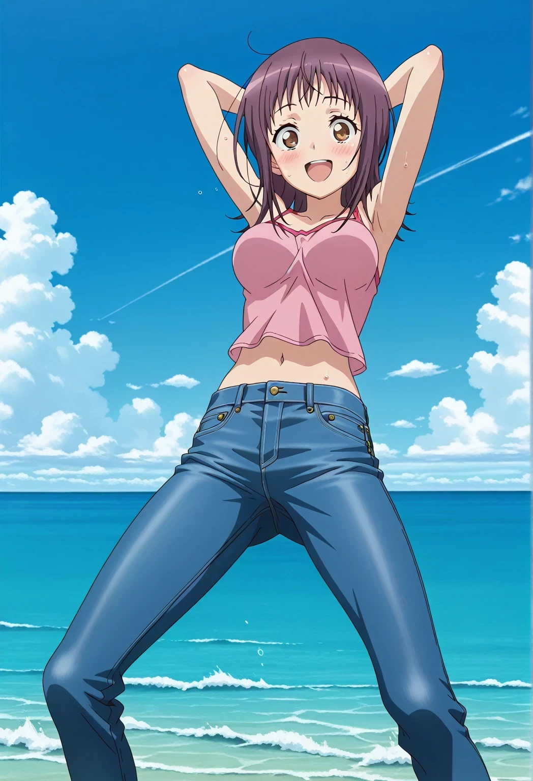 score_9, score_8_up, score_7_up, source_anime, highres, hi res, ((best quality, top quality, perfect quality, Highest Quality, amazing quality)), {{masterpiece}}, {{an extremely delicate and beautiful}}, 2d, intricate details, official style, anime, 8k, anime style, official_anime, official art, digital painting, cell shading, soft shading, high resolution, soothing tones, Subdued Color, Soft cinematic light, adobe lightroom, photolab, HDR, intricately and hyper-detailed, ((high quality animation)), 1 girl, Alone, solo, ((ocean)), tsunami, on the water, day, sunny, outdoors, sky, windy, itsuwa, short hair, brown hair, brown eyes, anime screencap, medium breasts, pink camisole top, crop top, pink crop top, best quality, hyper-detailed jeans, ((blue jeans:1.9)), (dark blue jeans:0.6), full medium body, medium shot, Open mouth, smiling, happy face, blush, sweat, standing, ((arms behind head:6.0)), bowlegged, jumping pose, action, looking at viewer, spread legs, Bend knees slightly, straight-on front view