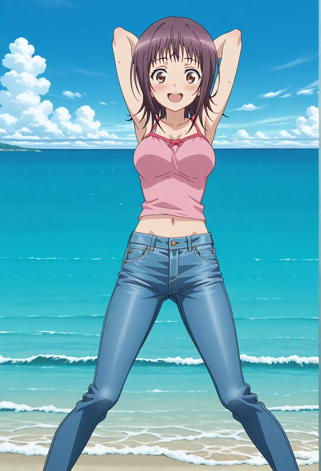 score_9, score_8_up, score_7_up, source_anime, highres, hi res, ((best quality, top quality, perfect quality, Highest Quality, amazing quality)), {{masterpiece}}, {{an extremely delicate and beautiful}}, 2d, intricate details, official style, anime, 8k, anime style, official_anime, official art, digital painting, cell shading, soft shading, high resolution, soothing tones, Subdued Color, Soft cinematic light, adobe lightroom, photolab, HDR, intricately and hyper-detailed, ((high quality animation)), 1 girl, Alone, solo, ((ocean)), tsunami, on the water, day, sunny, outdoors, sky, windy, itsuwa, short hair, brown hair, brown eyes, anime screencap, medium breasts, pink camisole top, crop top, pink crop top, best quality, hyper-detailed jeans, ((blue jeans:1.9)), (dark blue jeans:0.6), full medium body, medium shot, Open mouth, smiling, happy face, blush, sweat, standing, ((arms behind head:6.0)), bowlegged, jumping pose, action, looking at viewer, spread legs, Bend knees slightly, straight-on front view