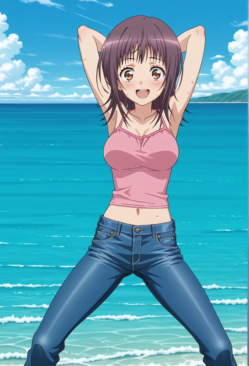 score_9, score_8_up, score_7_up, source_anime, highres, hi res, ((best quality, top quality, perfect quality, Highest Quality, amazing quality)), {{masterpiece}}, {{an extremely delicate and beautiful}}, 2d, intricate details, official style, anime, 8k, anime style, official_anime, official art, digital painting, cell shading, soft shading, high resolution, soothing tones, Subdued Color, Soft cinematic light, adobe lightroom, photolab, HDR, intricately and hyper-detailed, ((high quality animation)), 1 girl, Alone, solo, ((ocean)), tsunami, on the water, day, sunny, outdoors, sky, windy, itsuwa, short hair, brown hair, brown eyes, anime screencap, medium breasts, pink camisole top, crop top, pink crop top, best quality, hyper-detailed jeans, ((blue jeans:1.9)), (dark blue jeans:0.6), full medium body, medium shot, Open mouth, smiling, happy face, blush, sweat, standing, ((arms behind head:6.0)), bowlegged, jumping pose, action, looking at viewer, spread legs, Bend knees slightly, straight-on front view