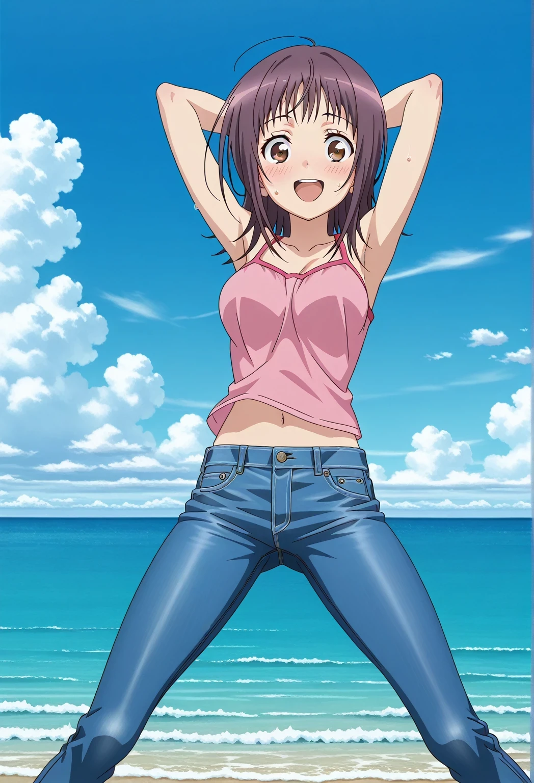 score_9, score_8_up, score_7_up, source_anime, highres, hi res, ((best quality, top quality, perfect quality, Highest Quality, amazing quality)), {{masterpiece}}, {{an extremely delicate and beautiful}}, 2d, intricate details, official style, anime, 8k, anime style, official_anime, official art, digital painting, cell shading, soft shading, high resolution, soothing tones, Subdued Color, Soft cinematic light, adobe lightroom, photolab, HDR, intricately and hyper-detailed, ((high quality animation)), 1 girl, Alone, solo, ((ocean)), tsunami, on the water, day, sunny, outdoors, sky, windy, itsuwa, short hair, brown hair, brown eyes, anime screencap, medium breasts, pink camisole top, crop top, pink crop top, best quality, hyper-detailed jeans, ((blue jeans:1.9)), (dark blue jeans:0.6), full medium body, medium shot, Open mouth, smiling, happy face, blush, sweat, standing, ((arms behind head:6.0)), bowlegged, jumping pose, action, looking at viewer, spread legs, Bend knees slightly, straight-on front view
