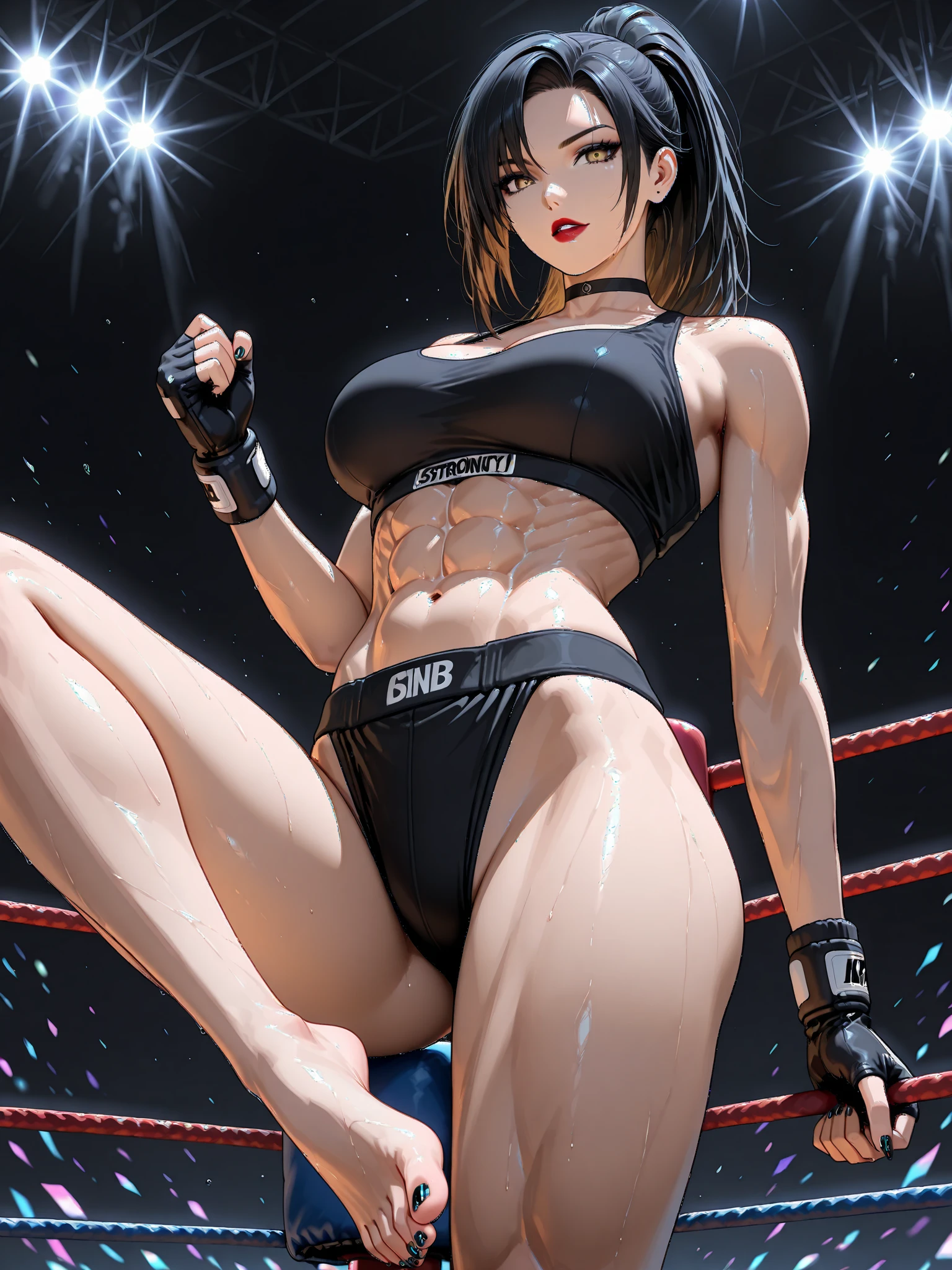 Sweat-soaked and covered in scars, she's down in a mixed martial arts ring, KO'd. Eyes closed, mouth open, out of breath. She is drooling. She is a cute Japanese high school girl with short-cut black hair. She is wearing a sports bra, high-leg shorts, and open-fingered gloves. Small ???????, poor belly, slender body, poor body. ????? ???????.