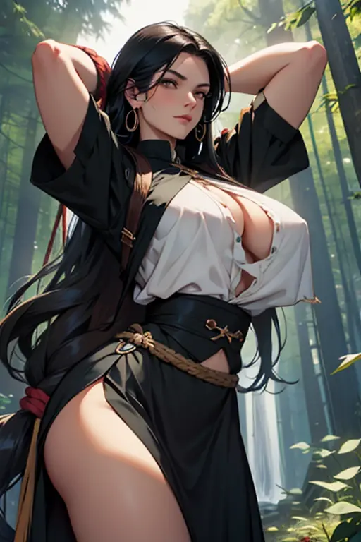 masterpiece, best quality, kagero, hair over one eye, hair ribbon, yellow scarf, japanese clothes, cleavage, sash, sandals, upper body, cowboy shot