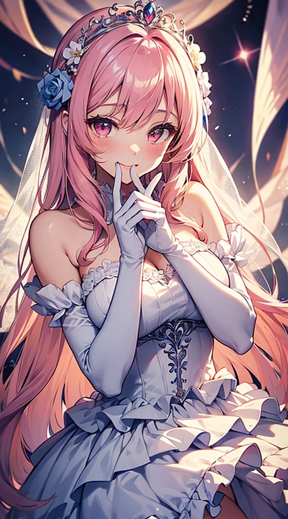 perseusorigin, whithe _dress, angel_wings, white_legwear, high detail, symmetrical, azur lane, masterpiece, detailed eyes, HD, beautiful best quality, 1girl, solo, pink gaur hair, long hair, looking at viewer, large , same eye colour, wedding dress, outdoors, bridal veil, long dress, white dress, hoop skirt, clover