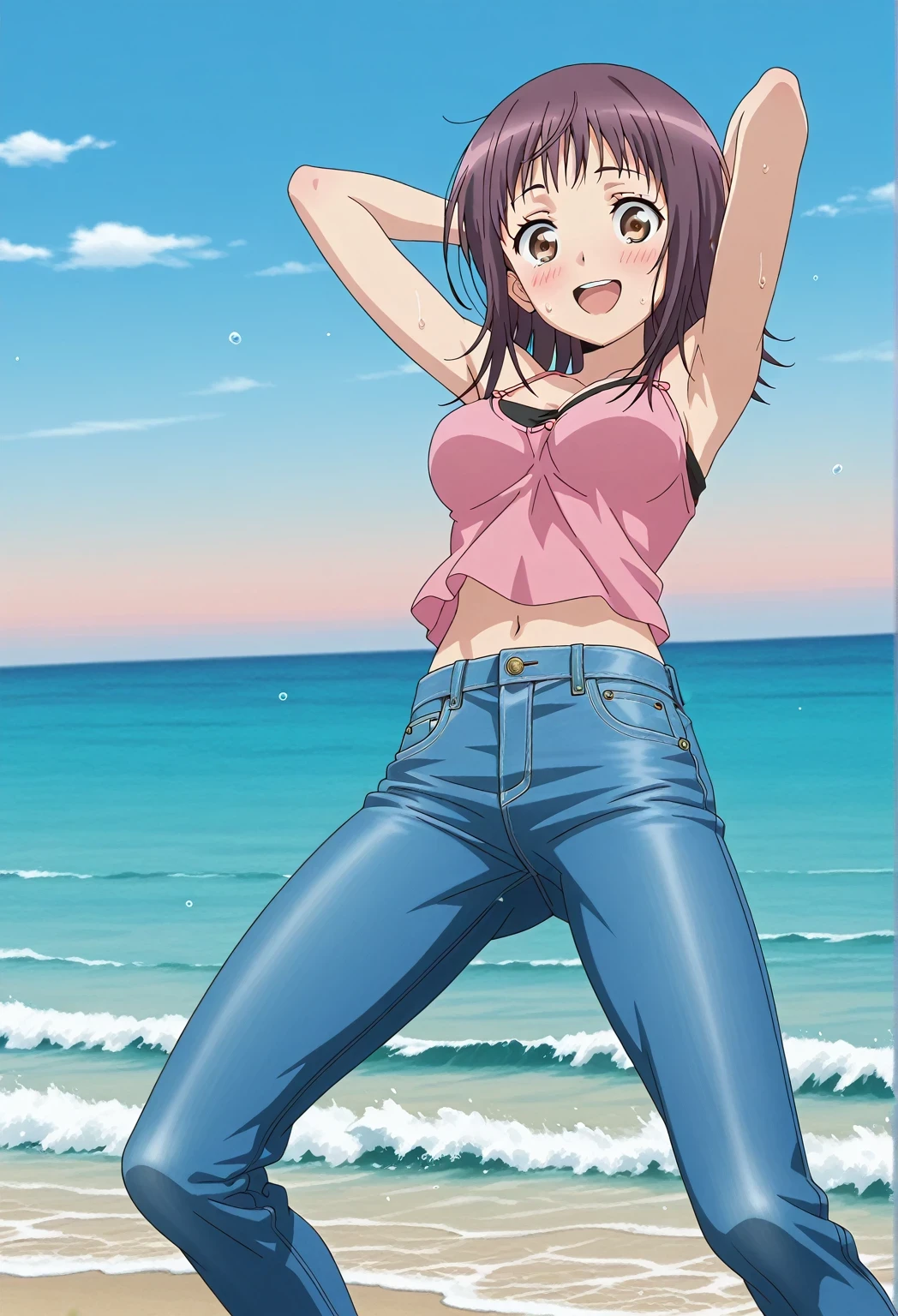 score_9, score_8_up, score_7_up, source_anime, highres, hi res, ((best quality, top quality, perfect quality, Highest Quality, amazing quality)), {{masterpiece}}, {{an extremely delicate and beautiful}}, 2d, intricate details, official style, anime, 8k, anime style, official_anime, official art, digital painting, cell shading, soft shading, high resolution, soothing tones, Subdued Color, Soft cinematic light, adobe lightroom, photolab, HDR, intricately and hyper-detailed, ((high quality animation)), 1 girl, Alone, solo, ((ocean)), tsunami, on the water, day, sunny, outdoors, sky, windy, itsuwa, short hair, brown hair, brown eyes, anime screencap, medium breasts, pink camisole top, crop top, pink crop top, best quality, hyper-detailed jeans, ((blue jeans:1.9)), (dark blue jeans:0.6), full medium body, medium shot, Open mouth, smiling, happy face, blush, sweat, standing, ((arms behind head:6.0)), bowlegged, jumping pose, action, looking at viewer, spread legs, Bend knees slightly, straight-on front view