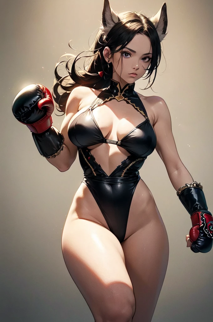 individual，girl，Punch，boxing gloves，Knee socks，black swimsuit，sexy，Big breasts，cleavage，ring，8k，Super detailed，high quality，emaciated，sweating，long black hair