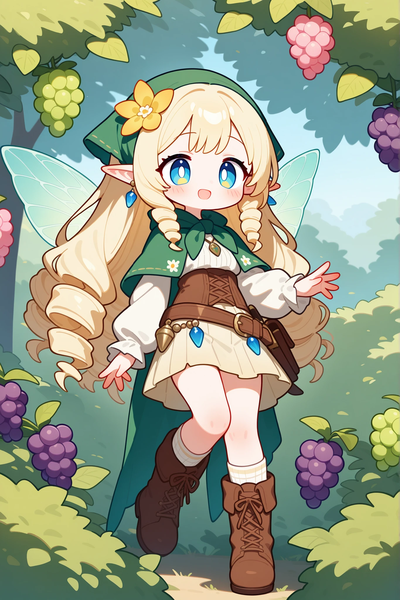 (Screen face,柔和的颜色让你的脸更近),(Chibi) Tooth faèrie princess. She has tall, thin miniature physique. She has holographic dragonfly wings. She has pale ivory skin and long pointy elf ears. Her eyes are sky-blue. She has long golden-blonde ringlet loose hairstyle decorated with wildflowers. She is dressed in fantasy medieval style: She wearing a vintage lace undergarment over it a knitted beige top with long elvish sleeves. She's wearing a brown leather corset-belt. She wears a marsh-green long tulip skirt. She's wearing striped beige tattered knee socks, and ankle-high chunky brown lace-up boots with daisies, cornflowers, lavender sticking out of boots. She wears earrings and a pendant with blue crystal beads. She wearing a green shawl and a head kerchief (headscarf) with nature ornament. (On the background: The small two-storey overgrowth with multicolored flowers cottage in the style of fantasy, hedge of climbing plants wild grapes.)