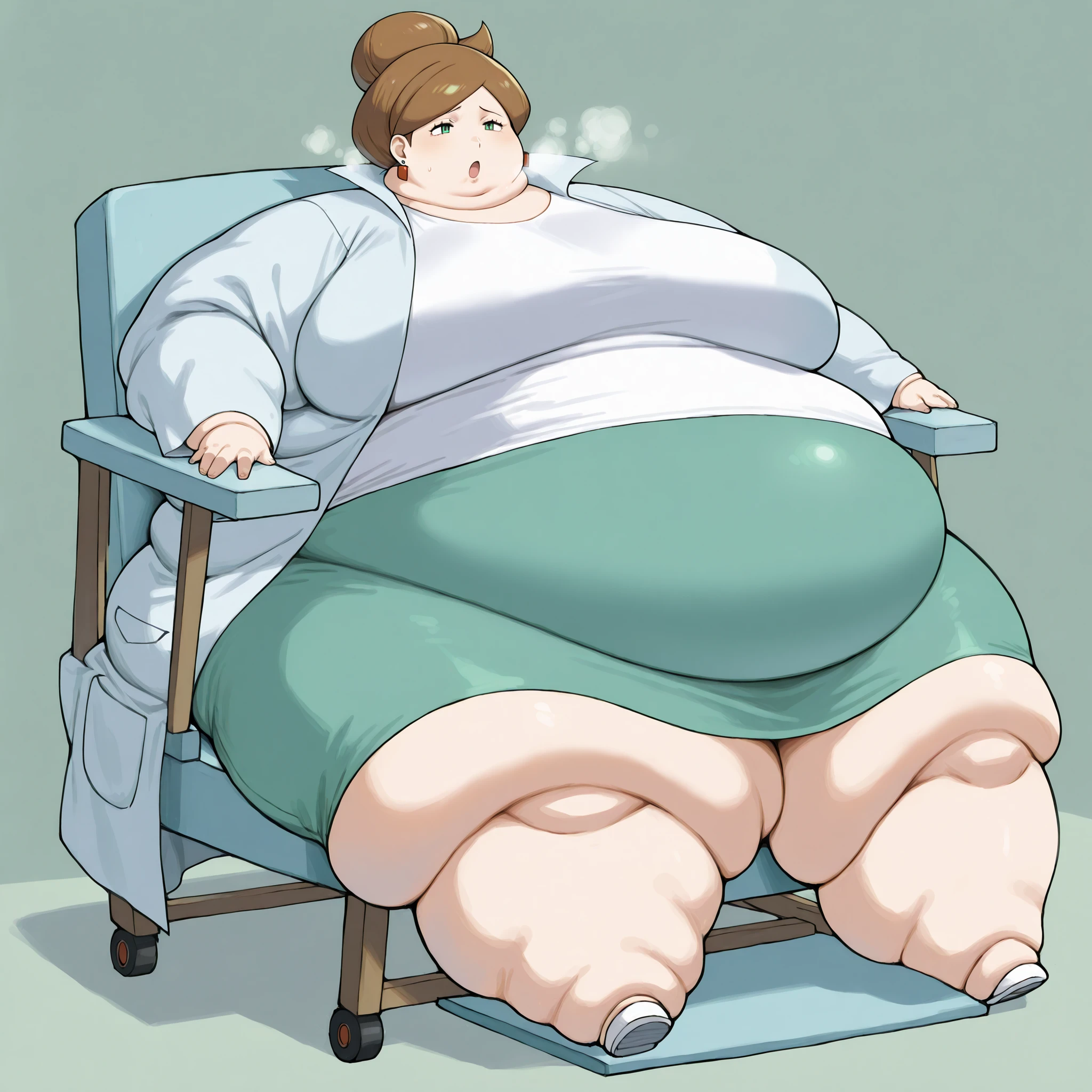 1girl, solo, c-juniper, mature female, green eyes, hair bun, brown hair, lab coat, green skirt, earings, white shirt, long sleeves, fat, chubby, obese,, big breasts open mouth, out of breath, Larger female, full body shot, sitting on chair, reclining back on chair