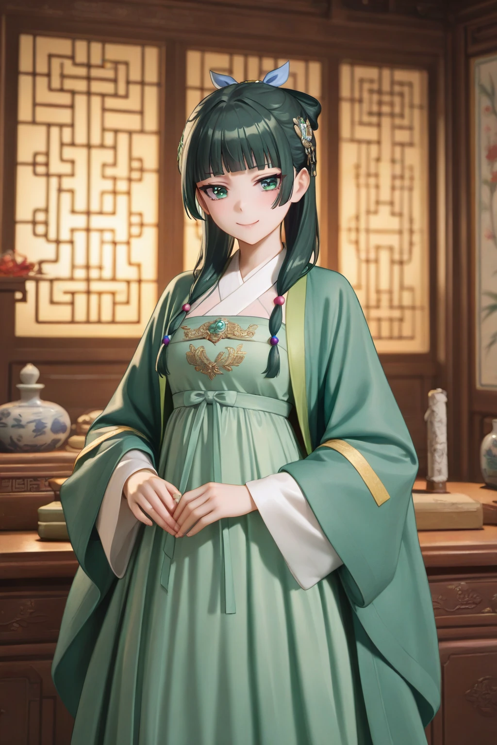 1girl, solo, looking at viewer, smile, black hair, hair ornament, dress, jewelry, upper body, earrings, indoors, necklace, chinese clothes, green dress