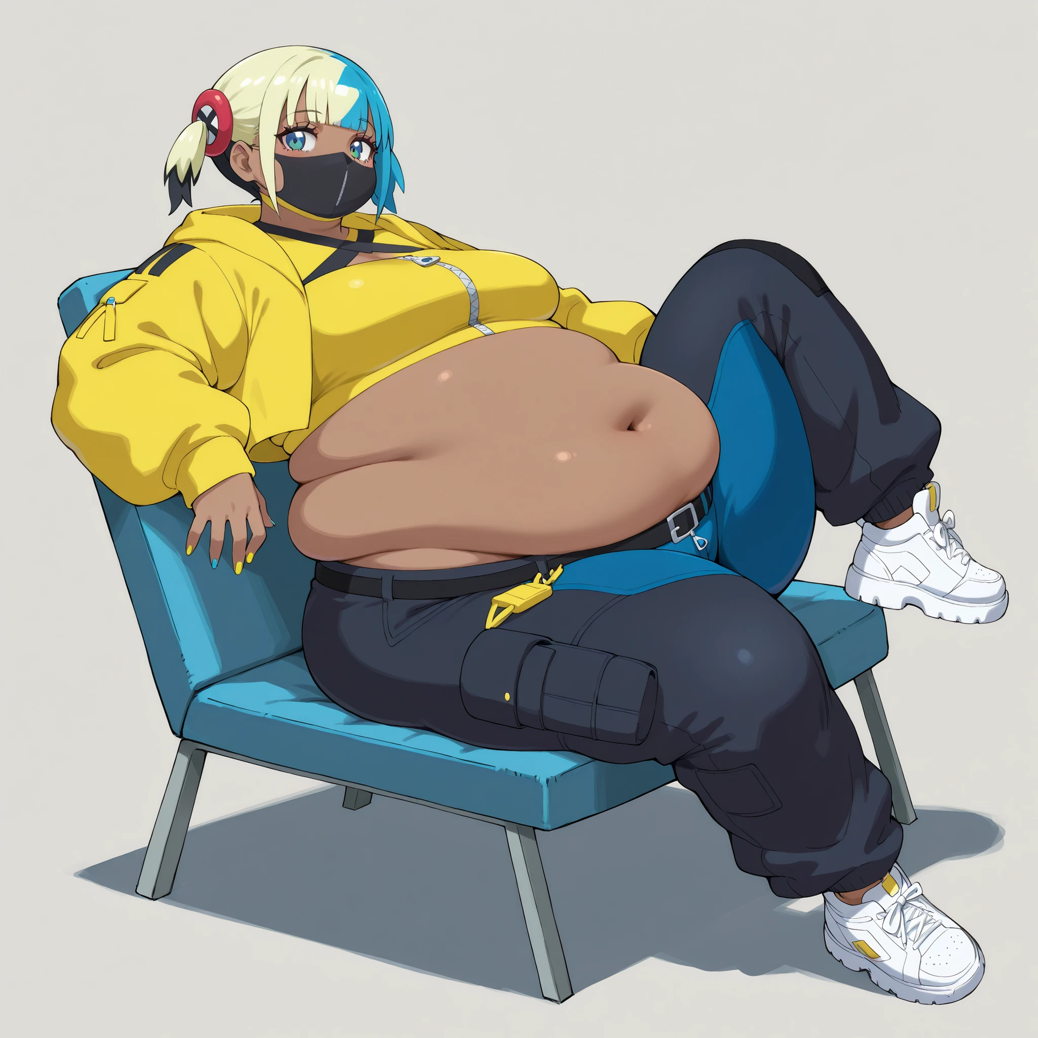  CanariZAILXLV1.0v01,
short hair, twintails, short twintails, blunt bangs, blue hair, blonde hair, black hair, multicolored hair, two-tone hair, eyelashes, blue eyes, nail polish, yellow nails, blue nails, fingernails, medium breasts, navel, dark skin,　dark-skinned female,
jacket, cropped jacket, yellow jacket, hood, hoodie, cropped hoodie, yellow hoodie, hooded jacket, long sleeves, crop top, zipper pull tab, zipper, belt, black belt, buckle, pants, black pants, blue pants, shoes, sneakers, white footwear, open clothes, open jacket, hood down, midriff, hair ornament, mask, mask, black mask, pouch,, fat, chubby, obese,, big breasts, Larger female, full body shot, sitting on chair, reclining back on chair