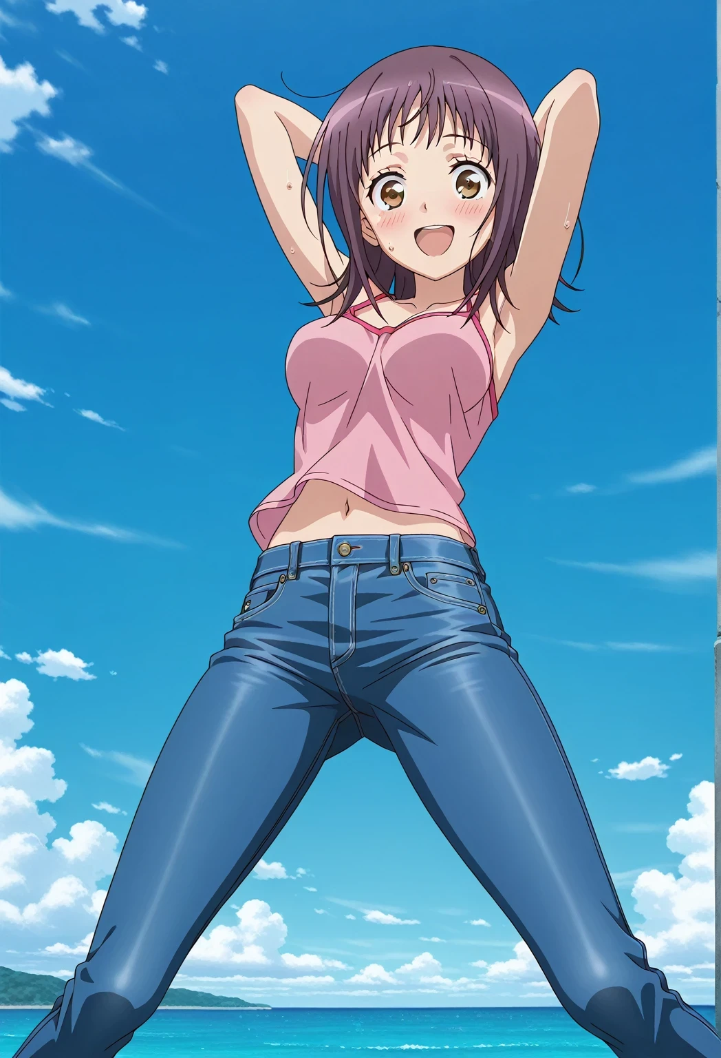 score_9, score_8_up, score_7_up, source_anime, highres, hi res, ((best quality, top quality, perfect quality, Highest Quality, amazing quality)), {{masterpiece}}, {{an extremely delicate and beautiful}}, 2d, intricate details, official style, anime, 8k, anime style, official_anime, official art, digital painting, cell shading, soft shading, high resolution, soothing tones, Subdued Color, Soft cinematic light, adobe lightroom, photolab, HDR, intricately and hyper-detailed, ((high quality animation)), 1 girl, Alone, solo, ((ocean)), tsunami, on the water, day, sunny, outdoors, sky, windy, itsuwa, short hair, brown hair, brown eyes, anime screencap, medium breasts, pink camisole top, crop top, pink crop top, best quality, hyper-detailed jeans, ((blue jeans:1.9)), (dark blue jeans:0.6), full medium body, medium shot, Open mouth, smiling, happy face, blush, sweat, standing, ((arms behind head:6.0)), bowlegged, jumping pose, action, looking at viewer, spread legs, Bend knees slightly, straight-on front view