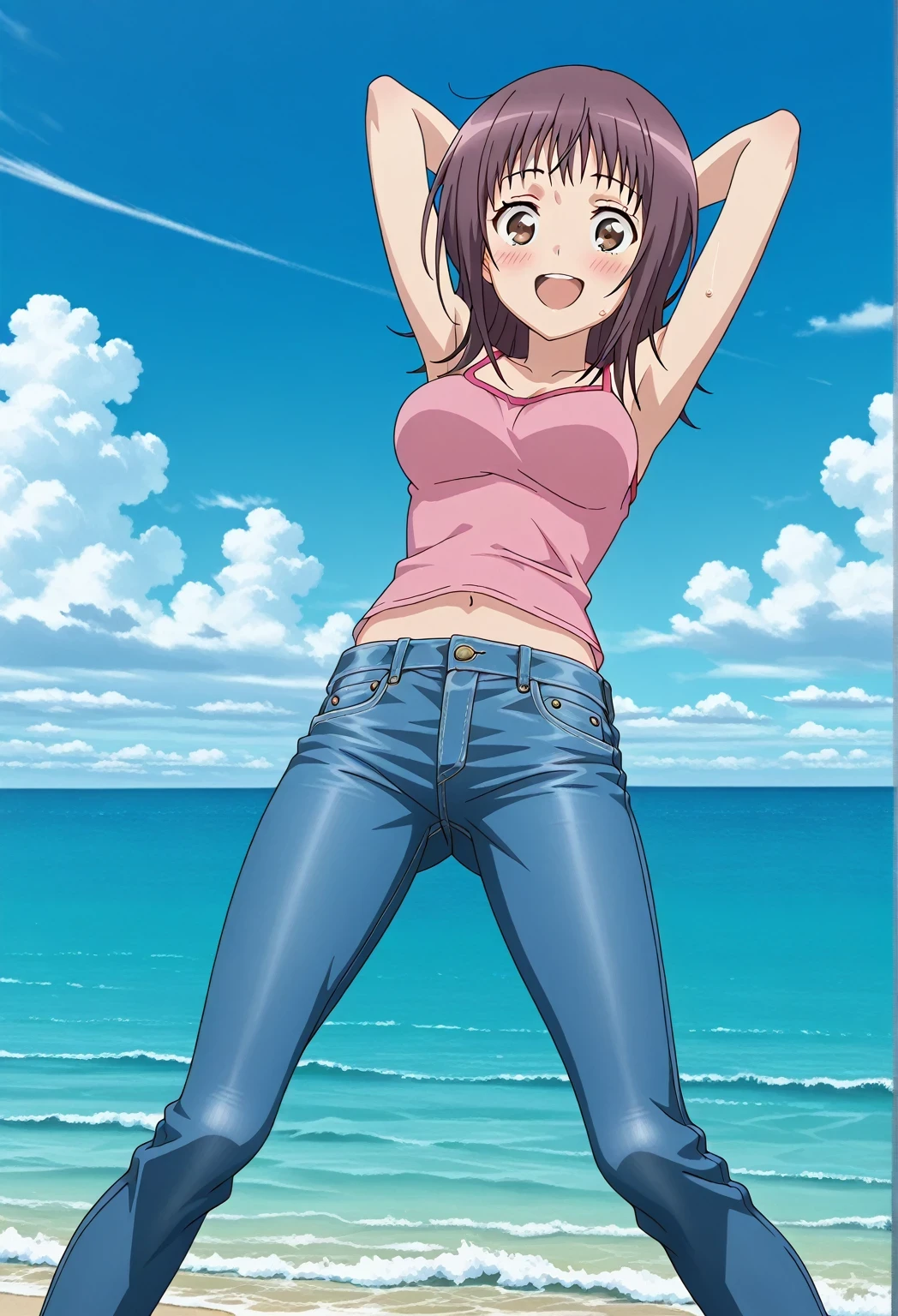 score_9, score_8_up, score_7_up, source_anime, highres, hi res, ((best quality, top quality, perfect quality, Highest Quality, amazing quality)), {{masterpiece}}, {{an extremely delicate and beautiful}}, 2d, intricate details, official style, anime, 8k, anime style, official_anime, official art, digital painting, cell shading, soft shading, high resolution, soothing tones, Subdued Color, Soft cinematic light, adobe lightroom, photolab, HDR, intricately and hyper-detailed, ((high quality animation)), 1 girl, Alone, solo, ((ocean)), tsunami, on the water, day, sunny, outdoors, sky, windy, itsuwa, short hair, brown hair, brown eyes, anime screencap, medium breasts, pink camisole top, crop top, pink crop top, best quality, hyper-detailed jeans, ((blue jeans:1.9)), (dark blue jeans:0.6), full medium body, medium shot, Open mouth, smiling, happy face, blush, sweat, standing, ((arms behind head:6.0)), bowlegged, jumping pose, action, looking at viewer, spread legs, Bend knees slightly, straight-on front view