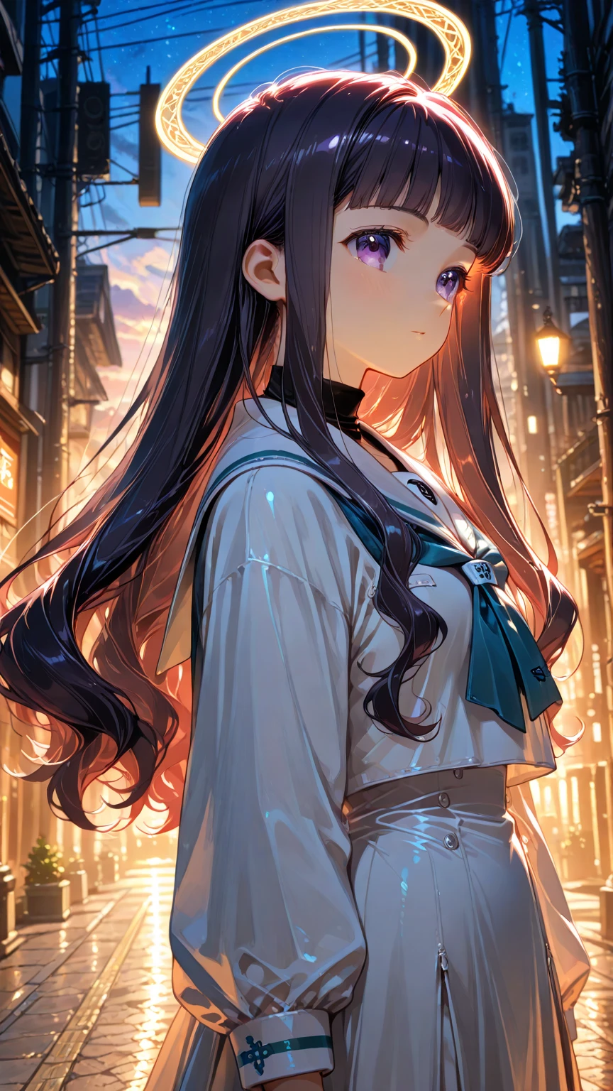 One Girl, (Ultra_detailed), (Written boundary depth), like , gloves, Mouth closed, Long Hair, star (symbol), View your viewers, (Rainbow Hair ), Purple eyes, Upper Body, hair ornaments, :p, Frills, Maid dress, smile, No sleeve, Maid, symbol pupils, fringe, star pupils, Maid caffe, Roaring years, Isoscale, From above, null, flower, cliff, Center of chest, (Folded), (With low-cut top), Maid, city, Tokyo、Long black hair、Big Breasts