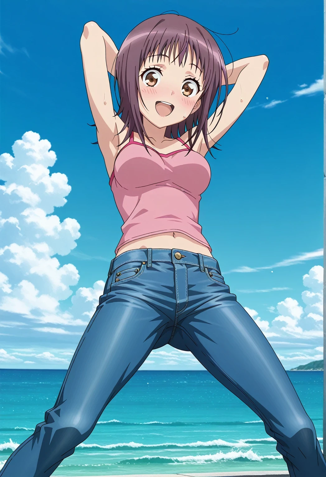 score_9, score_8_up, score_7_up, source_anime, highres, hi res, ((best quality, top quality, perfect quality, Highest Quality, amazing quality)), {{masterpiece}}, {{an extremely delicate and beautiful}}, 2d, intricate details, official style, anime, 8k, anime style, official_anime, official art, digital painting, cell shading, soft shading, high resolution, soothing tones, Subdued Color, Soft cinematic light, adobe lightroom, photolab, HDR, intricately and hyper-detailed, ((high quality animation)), 1 girl, Alone, solo, ((ocean)), tsunami, on the water, day, sunny, outdoors, sky, windy, itsuwa, short hair, brown hair, brown eyes, anime screencap, medium breasts, pink camisole top, crop top, pink crop top, best quality, hyper-detailed jeans, ((blue jeans:1.9)), (dark blue jeans:0.6), full medium body, medium shot, Open mouth, smiling, happy face, blush, sweat, standing, ((arms behind head:6.0)), bowlegged, jumping pose, action, looking at viewer, spread legs, Bend knees slightly, straight-on front view