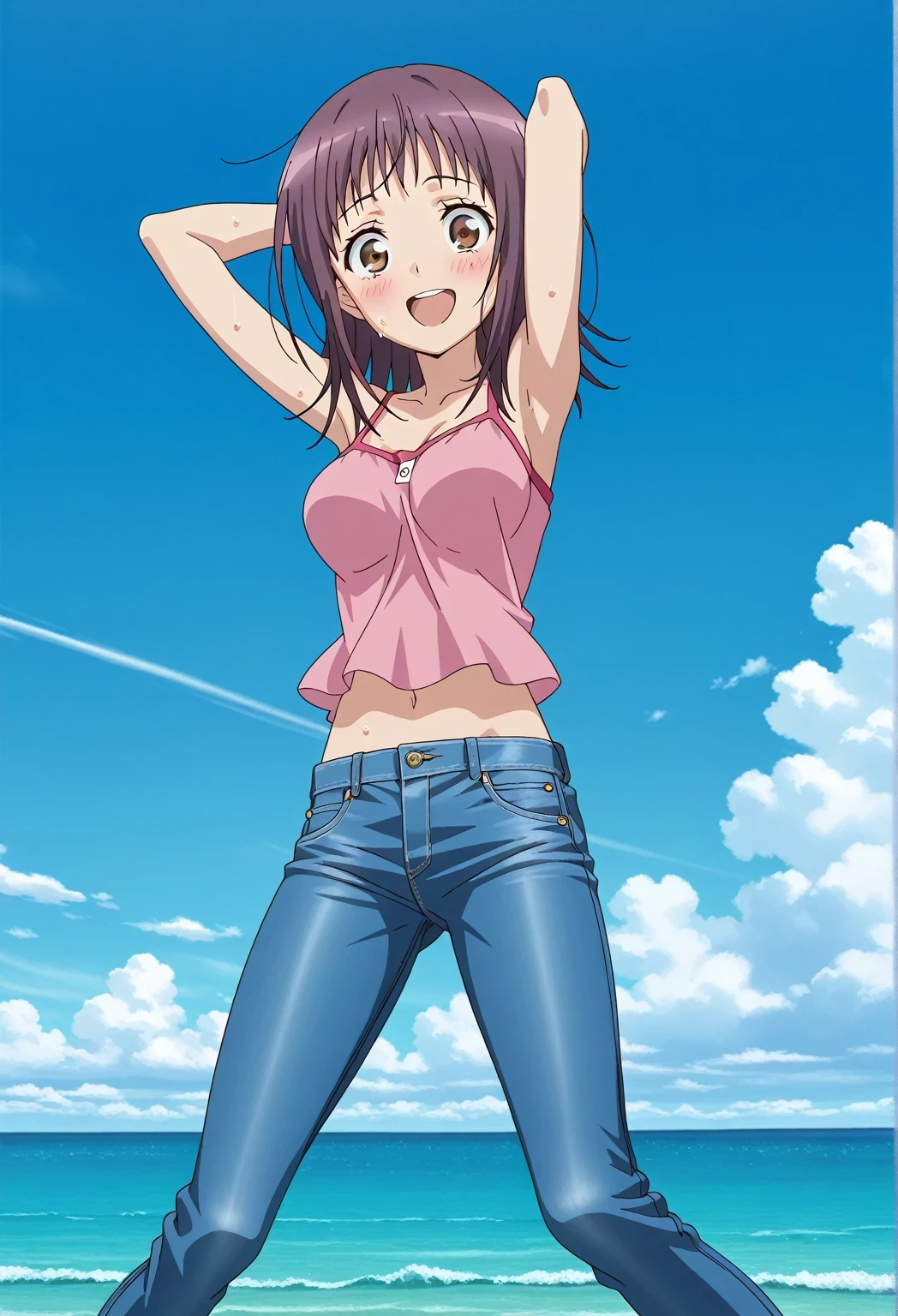 score_9, score_8_up, score_7_up, source_anime, highres, hi res, ((best quality, top quality, perfect quality, Highest Quality, amazing quality)), {{masterpiece}}, {{an extremely delicate and beautiful}}, 2d, intricate details, official style, anime, 8k, anime style, official_anime, official art, digital painting, cell shading, soft shading, high resolution, soothing tones, Subdued Color, Soft cinematic light, adobe lightroom, photolab, HDR, intricately and hyper-detailed, ((high quality animation)), 1 girl, Alone, solo, ((ocean)), tsunami, on the water, day, sunny, outdoors, sky, windy, itsuwa, short hair, brown hair, brown eyes, anime screencap, medium breasts, pink camisole top, crop top, pink crop top, best quality, hyper-detailed jeans, ((blue jeans:1.9)), (dark blue jeans:0.6), full medium body, medium shot, Open mouth, smiling, happy face, blush, sweat, standing, ((arms behind head:6.0)), bowlegged, jumping pose, action, looking at viewer, spread legs, Bend knees slightly, straight-on front view