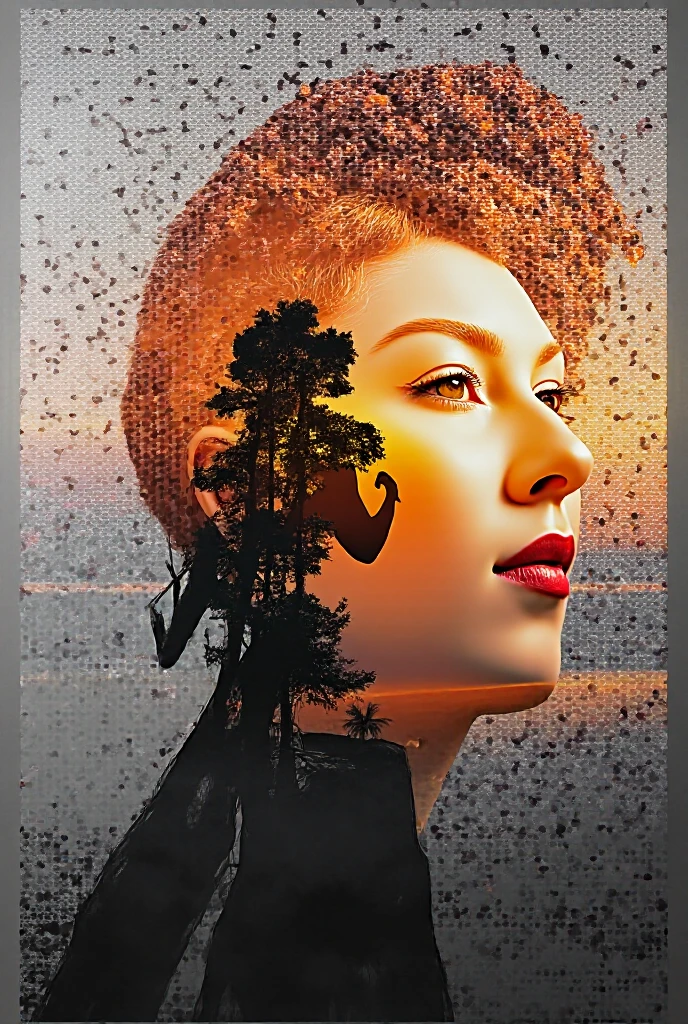 Dubrec style，Woman  face close-up，Jungle mountains image foreground，（multiple exposure：1.8），Complex illustrations in surrealist art style，Surreal dreams