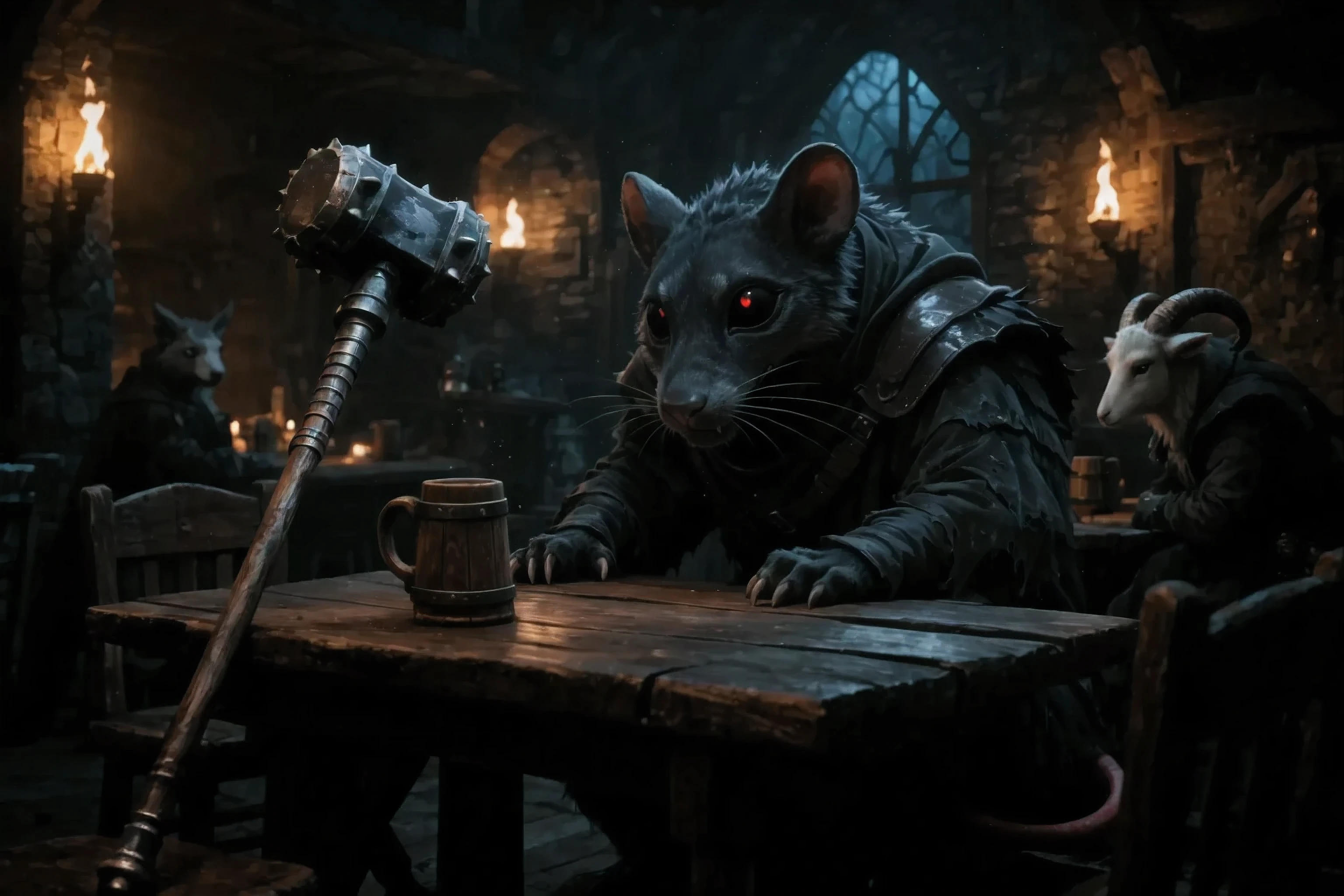 Better quality, Ultra-detailed, Highest resolution 8K, Cinematic emotional static frame, 8K UHD, extremely detailed, physical visualization, masterpiece,
dark aesthetics. Gloomy shot. dark fantasy style. There is a large round spiked mace by the table.
В gloomyй средневековой фэнтези таверне сидит за столом огромная злобная боевая крыса. All black eyes and an all-black sclera with a tiny red highlight. on the table, a wooden mug.
in the background in the tavern, other animal visitors, goat sits at a table behind.
Night, gloomy, in the light of torches on the wall.