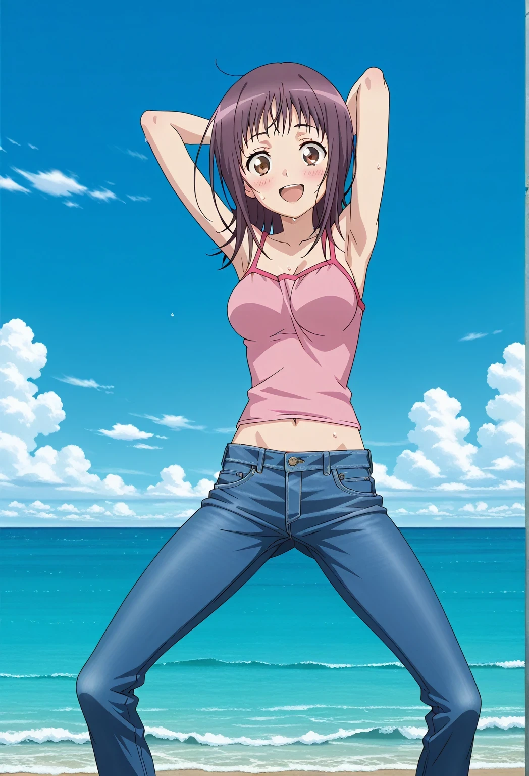 score_9, score_8_up, score_7_up, source_anime, highres, hi res, ((best quality, top quality, perfect quality, Highest Quality, amazing quality)), {{masterpiece}}, {{an extremely delicate and beautiful}}, 2d, intricate details, official style, anime, 8k, anime style, official_anime, official art, digital painting, cell shading, soft shading, high resolution, soothing tones, Subdued Color, Soft cinematic light, adobe lightroom, photolab, HDR, intricately and hyper-detailed, ((high quality animation)), 1 girl, Alone, solo, ((ocean)), tsunami, on the water, day, sunny, outdoors, sky, windy, itsuwa, short hair, brown hair, brown eyes, anime screencap, medium breasts, pink camisole top, crop top, pink crop top, best quality, hyper-detailed jeans, ((blue jeans:1.9)), (dark blue jeans:0.6), full medium body, medium shot, Open mouth, smiling, happy face, blush, sweat, standing, ((arms behind head:6.0)), bowlegged, jumping pose, action, looking at viewer, spread legs, Bend knees slightly, straight-on front view