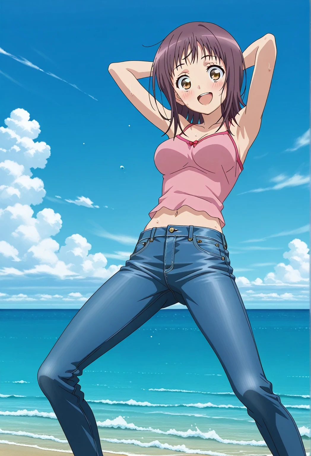 score_9, score_8_up, score_7_up, source_anime, highres, hi res, ((best quality, top quality, perfect quality, Highest Quality, amazing quality)), {{masterpiece}}, {{an extremely delicate and beautiful}}, 2d, intricate details, official style, anime, 8k, anime style, official_anime, official art, digital painting, cell shading, soft shading, high resolution, soothing tones, Subdued Color, Soft cinematic light, adobe lightroom, photolab, HDR, intricately and hyper-detailed, ((high quality animation)), 1 girl, Alone, solo, ((ocean)), tsunami, on the water, day, sunny, outdoors, sky, windy, itsuwa, short hair, brown hair, brown eyes, anime screencap, medium breasts, pink camisole top, crop top, pink crop top, best quality, hyper-detailed jeans, ((blue jeans:1.9)), (dark blue jeans:0.6), full medium body, medium shot, Open mouth, smiling, happy face, blush, sweat, standing, ((arms behind head:6.0)), bowlegged, jumping pose, action, looking at viewer, spread legs, Bend knees slightly, straight-on front view
