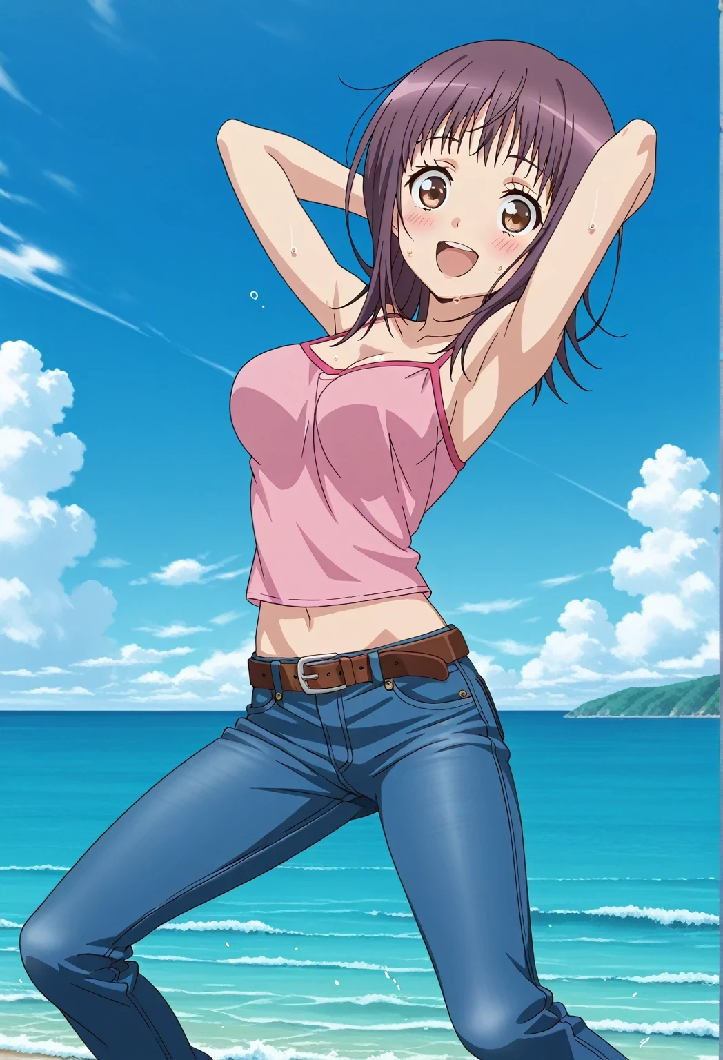 score_9, score_8_up, score_7_up, source_anime, highres, hi res, ((best quality, top quality, perfect quality, Highest Quality, amazing quality)), {{masterpiece}}, {{an extremely delicate and beautiful}}, 2d, intricate details, official style, anime, 8k, anime style, official_anime, official art, digital painting, cell shading, soft shading, high resolution, soothing tones, Subdued Color, Soft cinematic light, adobe lightroom, photolab, HDR, intricately and hyper-detailed, ((high quality animation)), 1 girl, Alone, solo, ((ocean)), tsunami, on the water, day, sunny, outdoors, sky, windy, itsuwa, short hair, brown hair, brown eyes, anime screencap, medium breasts, pink camisole top, crop top, pink crop top, best quality, hyper-detailed jeans, belt, brown belt, ((blue jeans:1.9)), (dark blue jeans:0.6), full medium body, medium shot, Open mouth, smiling, happy face, blush, sweat, standing, ((arms behind head:6.0)), bowlegged, jumping pose, action, looking at viewer, spread legs, Bend knees slightly, straight-on front view