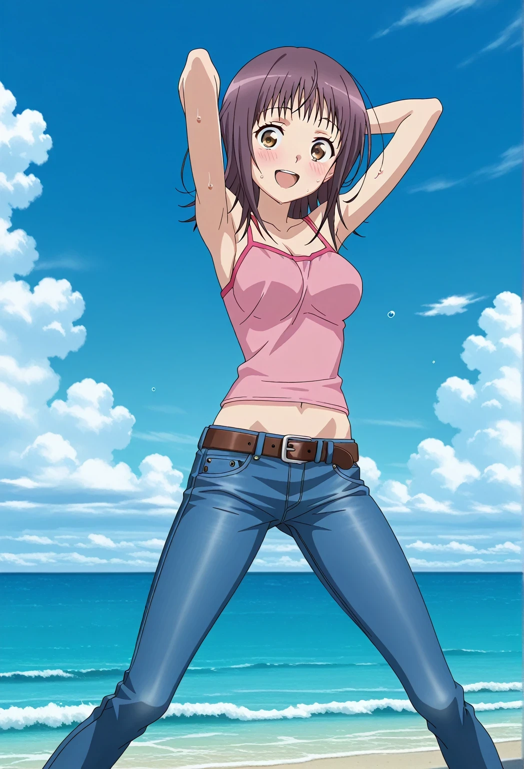score_9, score_8_up, score_7_up, source_anime, highres, hi res, ((best quality, top quality, perfect quality, Highest Quality, amazing quality)), {{masterpiece}}, {{an extremely delicate and beautiful}}, 2d, intricate details, official style, anime, 8k, anime style, official_anime, official art, digital painting, cell shading, soft shading, high resolution, soothing tones, Subdued Color, Soft cinematic light, adobe lightroom, photolab, HDR, intricately and hyper-detailed, ((high quality animation)), 1 girl, Alone, solo, ((ocean)), tsunami, on the water, day, sunny, outdoors, sky, windy, itsuwa, short hair, brown hair, brown eyes, anime screencap, medium breasts, pink camisole top, crop top, pink crop top, best quality, hyper-detailed jeans, belt, brown belt, ((blue jeans:1.9)), (dark blue jeans:0.6), full medium body, medium shot, Open mouth, smiling, happy face, blush, sweat, standing, ((arms behind head:6.0)), bowlegged, jumping pose, action, looking at viewer, spread legs, Bend knees slightly, straight-on front view