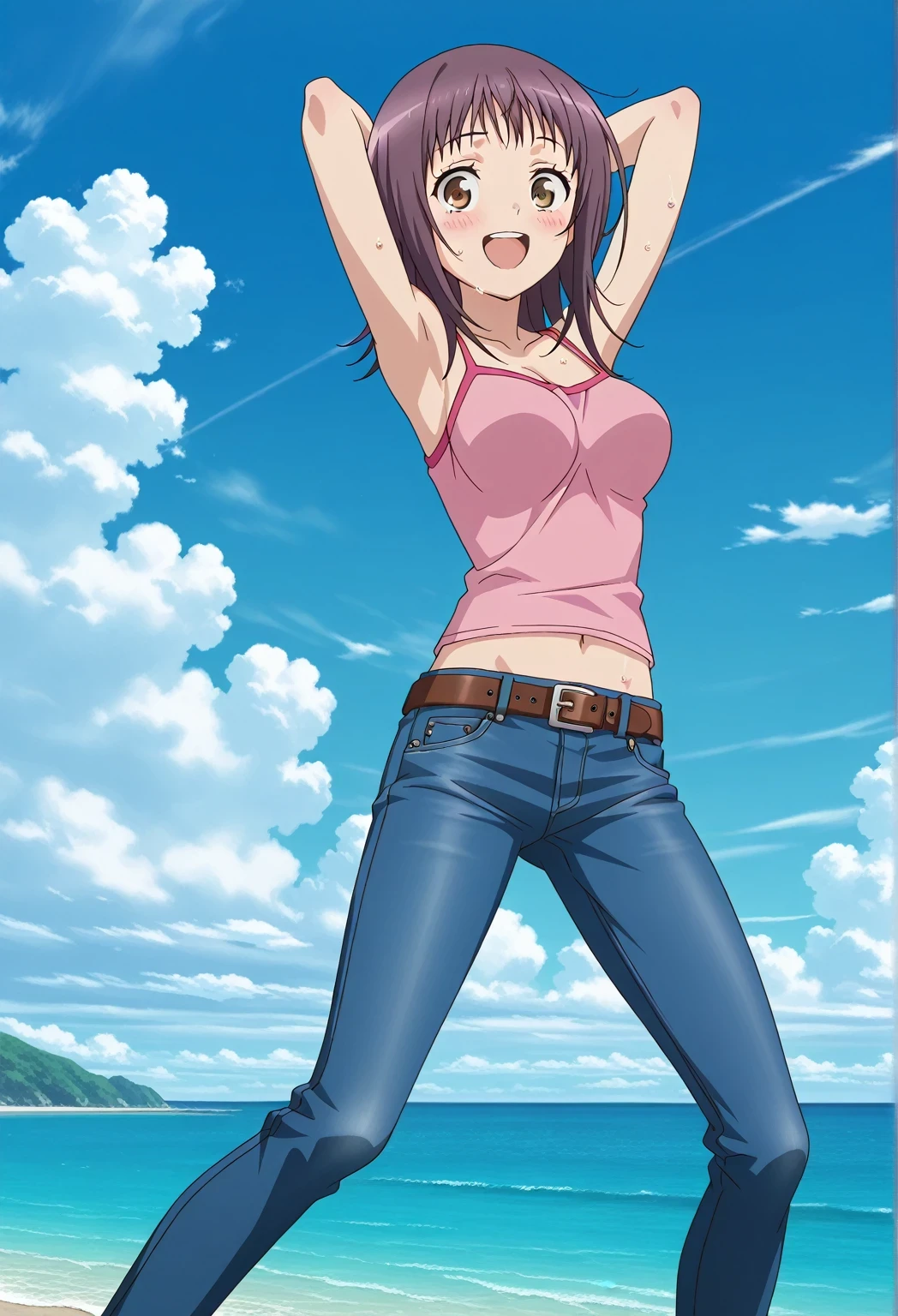 score_9, score_8_up, score_7_up, source_anime, highres, hi res, ((best quality, top quality, perfect quality, Highest Quality, amazing quality)), {{masterpiece}}, {{an extremely delicate and beautiful}}, 2d, intricate details, official style, anime, 8k, anime style, official_anime, official art, digital painting, cell shading, soft shading, high resolution, soothing tones, Subdued Color, Soft cinematic light, adobe lightroom, photolab, HDR, intricately and hyper-detailed, ((high quality animation)), 1 girl, Alone, solo, ((ocean)), tsunami, on the water, day, sunny, outdoors, sky, windy, itsuwa, short hair, brown hair, brown eyes, anime screencap, medium breasts, pink camisole top, crop top, pink crop top, best quality, hyper-detailed jeans, belt, brown belt, ((blue jeans:1.9)), (dark blue jeans:0.6), full medium body, medium shot, Open mouth, smiling, happy face, blush, sweat, standing, ((arms behind head:6.0)), bowlegged, jumping pose, action, looking at viewer, spread legs, Bend knees slightly, straight-on front view
