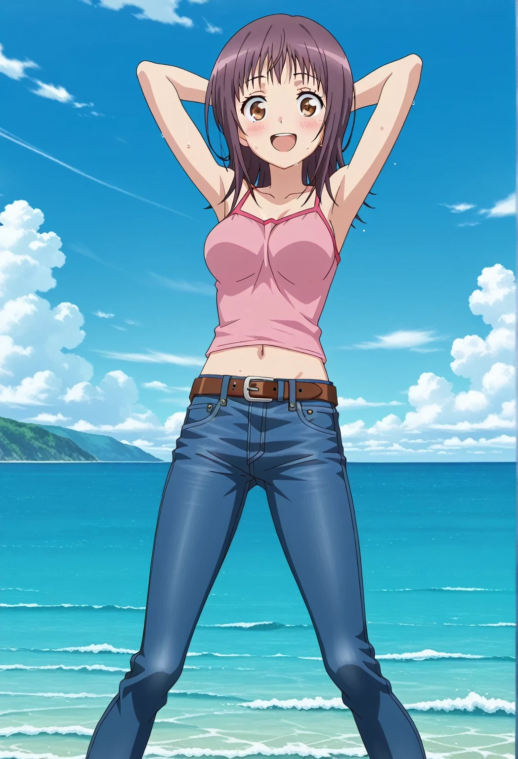 score_9, score_8_up, score_7_up, source_anime, highres, hi res, ((best quality, top quality, perfect quality, Highest Quality, amazing quality)), {{masterpiece}}, {{an extremely delicate and beautiful}}, 2d, intricate details, official style, anime, 8k, anime style, official_anime, official art, digital painting, cell shading, soft shading, high resolution, soothing tones, Subdued Color, Soft cinematic light, adobe lightroom, photolab, HDR, intricately and hyper-detailed, ((high quality animation)), 1 girl, Alone, solo, ((ocean)), tsunami, on the water, day, sunny, outdoors, sky, windy, itsuwa, short hair, brown hair, brown eyes, anime screencap, medium breasts, pink camisole top, crop top, pink crop top, best quality, hyper-detailed jeans, belt, brown belt, ((blue jeans:1.9)), (dark blue jeans:0.6), full medium body, medium shot, Open mouth, smiling, happy face, blush, sweat, standing, ((arms behind head:6.0)), bowlegged, jumping pose, action, looking at viewer, spread legs, Bend knees slightly, straight-on front view