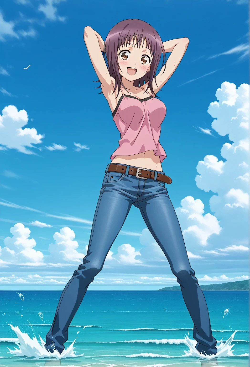 score_9, score_8_up, score_7_up, source_anime, highres, hi res, ((best quality, top quality, perfect quality, Highest Quality, amazing quality)), {{masterpiece}}, {{an extremely delicate and beautiful}}, 2d, intricate details, official style, anime, 8k, anime style, official_anime, official art, digital painting, cell shading, soft shading, high resolution, soothing tones, Subdued Color, Soft cinematic light, adobe lightroom, photolab, HDR, intricately and hyper-detailed, ((high quality animation)), 1 girl, Alone, solo, ((ocean)), tsunami, on the water, day, sunny, outdoors, sky, windy, itsuwa, short hair, brown hair, brown eyes, anime screencap, medium breasts, pink camisole top, crop top, pink crop top, best quality, hyper-detailed jeans, belt, brown belt, ((blue jeans:1.9)), (dark blue jeans:0.6), full medium body, medium shot, Open mouth, smiling, happy face, blush, sweat, standing, ((arms behind head:6.0)), bowlegged, jumping pose, action, looking at viewer, spread legs, Bend knees slightly, straight-on front view