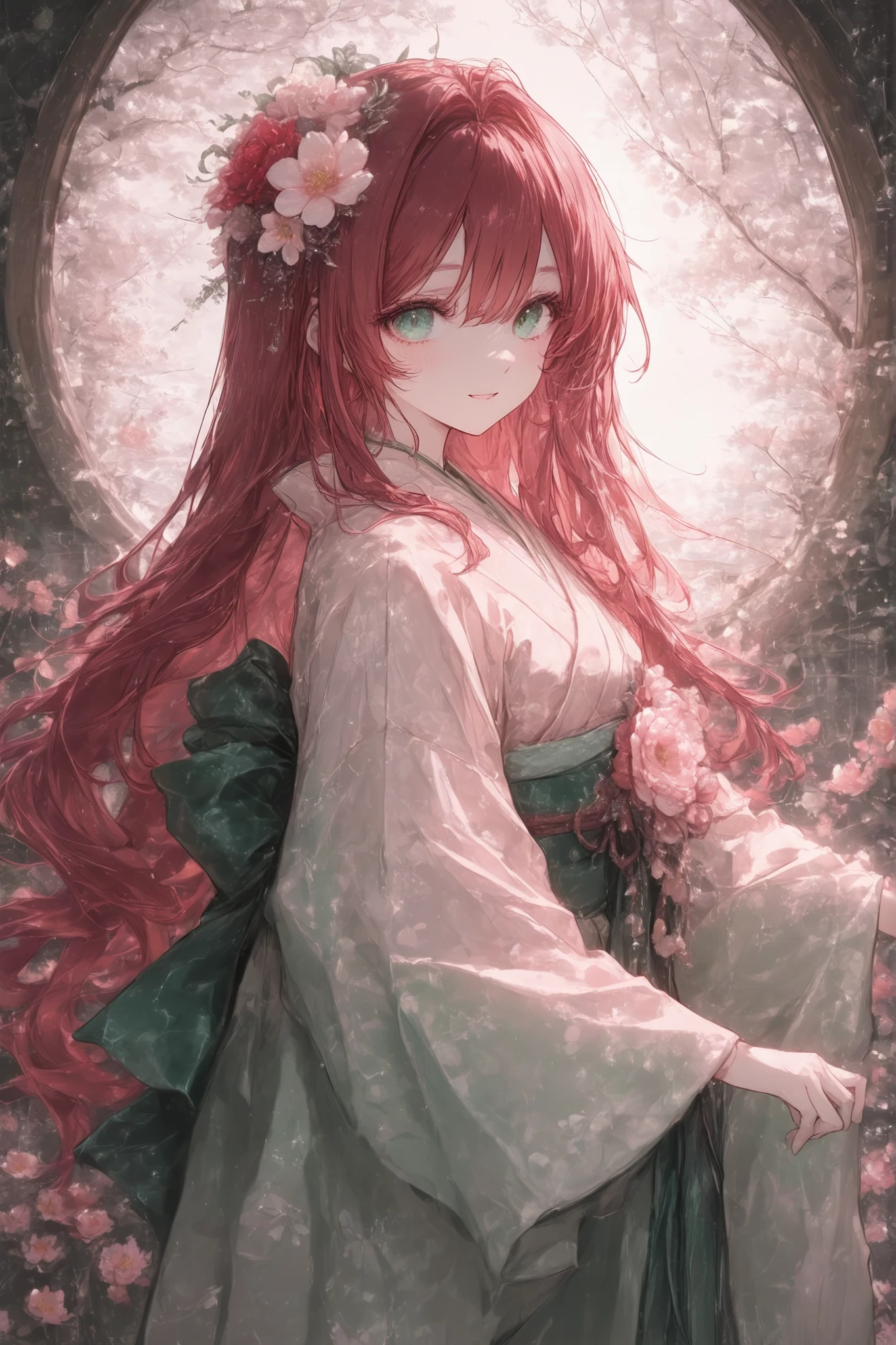 Very Long Lashes、very long red hair、30 years old、high resolution、high image quality、up、very detailed、Deep green eyes、Light pink kimono on white、spider flower hair corsage、 dance