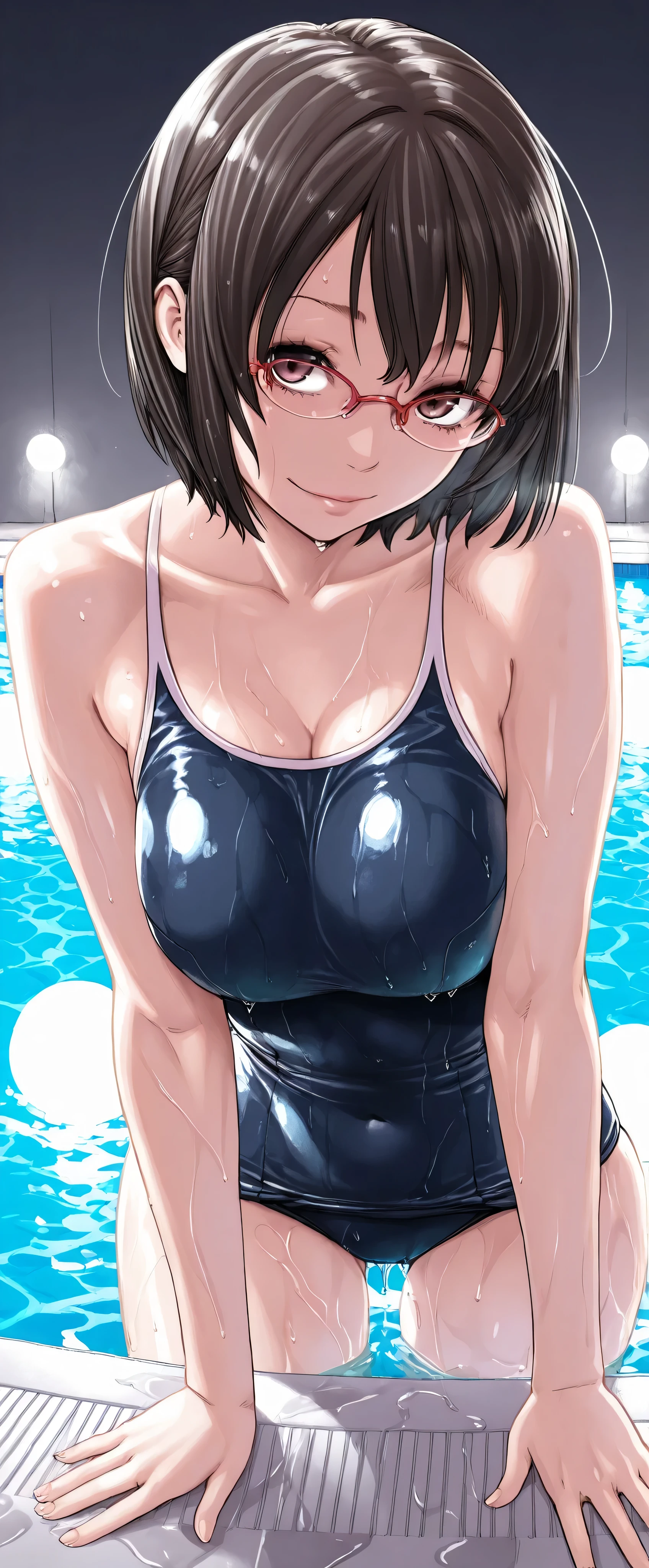 high resolution, Adult Woman , Good Lighting, , (((school swimsuit))), , Abdominal area only, cute faces getting creampied, , (thin waist)((short hair,Dark Haired)),Glasses,sexy pose, Wet with water,poolside,small tits