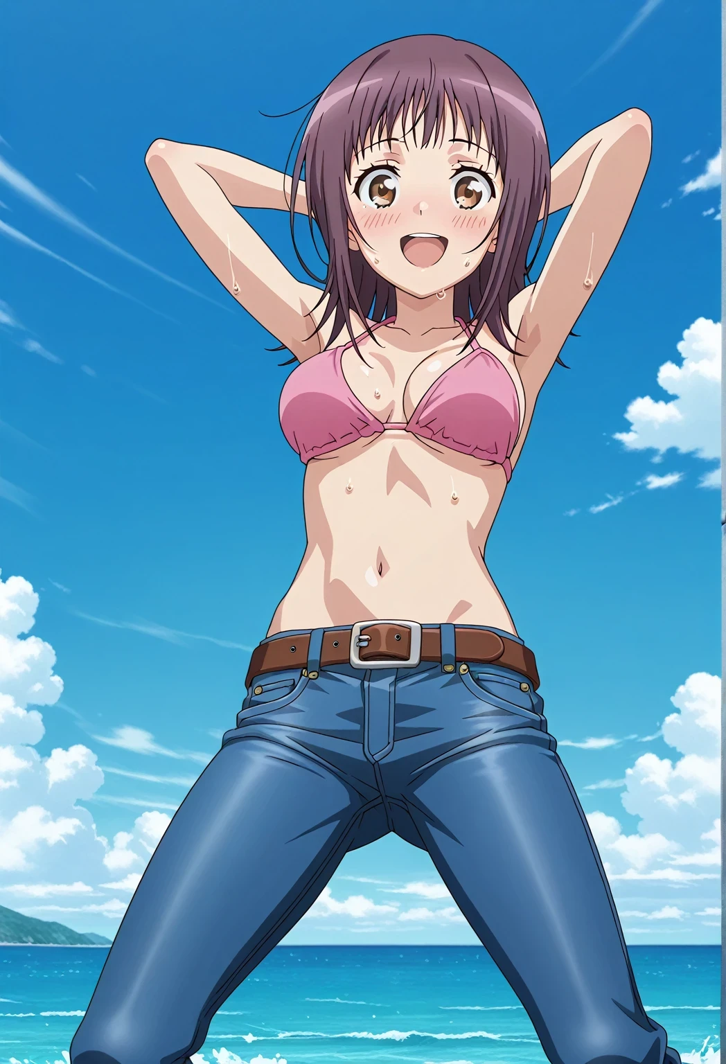 score_9, score_8_up, score_7_up, source_anime, highres, hi res, ((best quality, top quality, perfect quality, Highest Quality, amazing quality)), {{masterpiece}}, {{an extremely delicate and beautiful}}, 2d, intricate details, official style, anime, 8k, anime style, official_anime, official art, digital painting, cell shading, soft shading, high resolution, soothing tones, Subdued Color, Soft cinematic light, adobe lightroom, photolab, HDR, intricately and hyper-detailed, ((high quality animation)), 1 girl, Alone, solo, ((ocean)), tsunami, on the water, day, sunny, outdoors, sky, windy, itsuwa, short hair, brown hair, brown eyes, anime screencap, medium breasts, pink bikini top, best quality, hyper-detailed jeans, belt, brown belt, ((blue jeans:1.9)), (dark blue jeans:0.6), full medium body, medium shot, Open mouth, smiling, happy face, blush, sweat, standing, ((arms behind head:6.0)), bowlegged, jumping pose, action, looking at viewer, spread legs, Bend knees slightly, straight-on front view