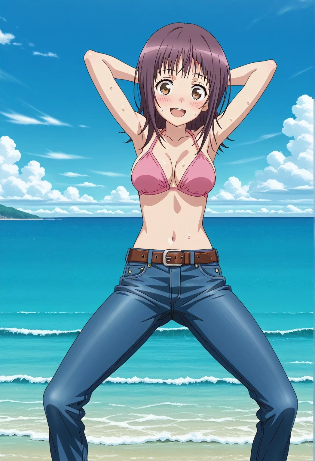 score_9, score_8_up, score_7_up, source_anime, highres, hi res, ((best quality, top quality, perfect quality, Highest Quality, amazing quality)), {{masterpiece}}, {{an extremely delicate and beautiful}}, 2d, intricate details, official style, anime, 8k, anime style, official_anime, official art, digital painting, cell shading, soft shading, high resolution, soothing tones, Subdued Color, Soft cinematic light, adobe lightroom, photolab, HDR, intricately and hyper-detailed, ((high quality animation)), 1 girl, Alone, solo, ((ocean)), tsunami, on the water, day, sunny, outdoors, sky, windy, itsuwa, short hair, brown hair, brown eyes, anime screencap, medium breasts, pink bikini top, best quality, hyper-detailed jeans, belt, brown belt, ((blue jeans:1.9)), (dark blue jeans:0.6), full medium body, medium shot, Open mouth, smiling, happy face, blush, sweat, standing, ((arms behind head:6.0)), bowlegged, jumping pose, action, looking at viewer, spread legs, Bend knees slightly, straight-on front view