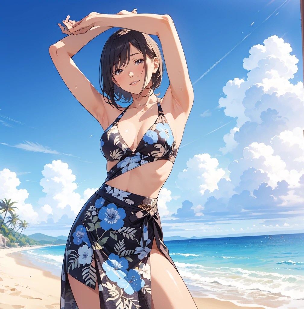 ((highest quality, masterpiece, High resolution)), ((reality)),Photos of beautiful Japanese women,((anime art))、 (((1 girl))), normal size , slim body shape,  medium short hair, double eyelid, Wet see-through micro ,  A pareo with bold ethnic patterns and plenty of primary colors、realistic skin、Wet,whole body,cinematic light、tropical、Against the background of palm trees on both sides、on a sunny beach、With the sea in the background、blur background、smile
