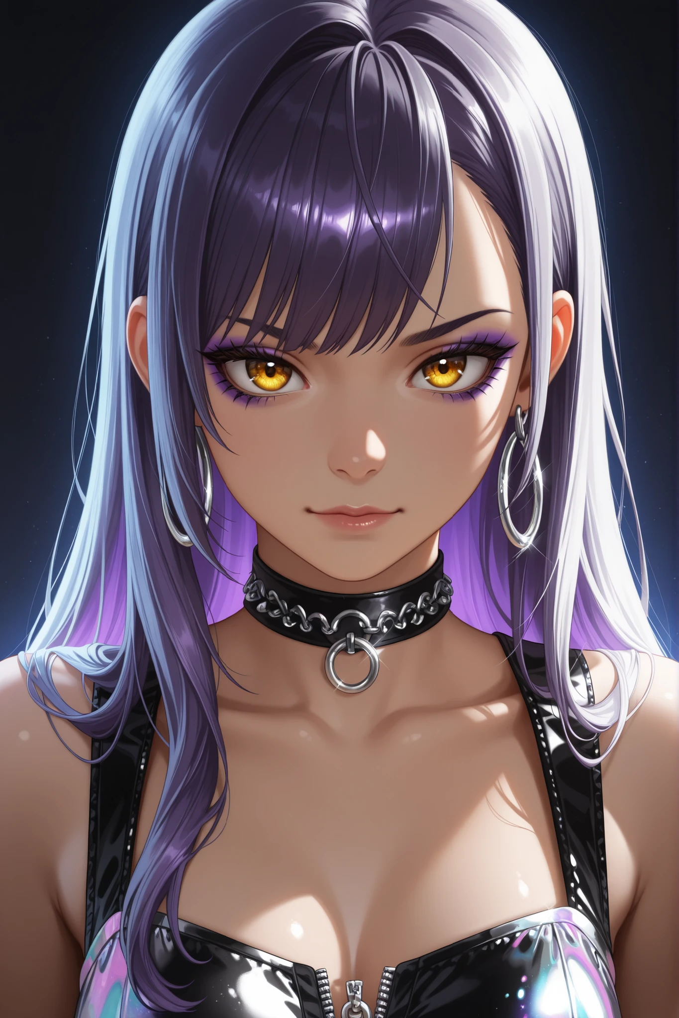 portrait of a stunning female bassist, bust-up, facing forward, photorealistic anime style, ultra detailed face, perfect smooth skin, soft lighting, wearing a dark stage outfit with subtle gothic punk elements, black leather choker, sleeveless top, asymmetrical cut, accessories with silver chains, layered medium-long hair with loose outward S-curls, chest-length, metallic silver with iridescent teal and violet sheen, long side bangs framing her face, intense golden eyes, subtle smoky eye makeup, confident yet slightly defiant expression, silver hoop earrings, no background, high detail shading, clean composition